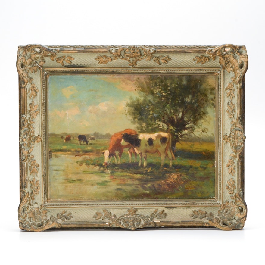 Antique Oil Painting of a Bucolic Landscape