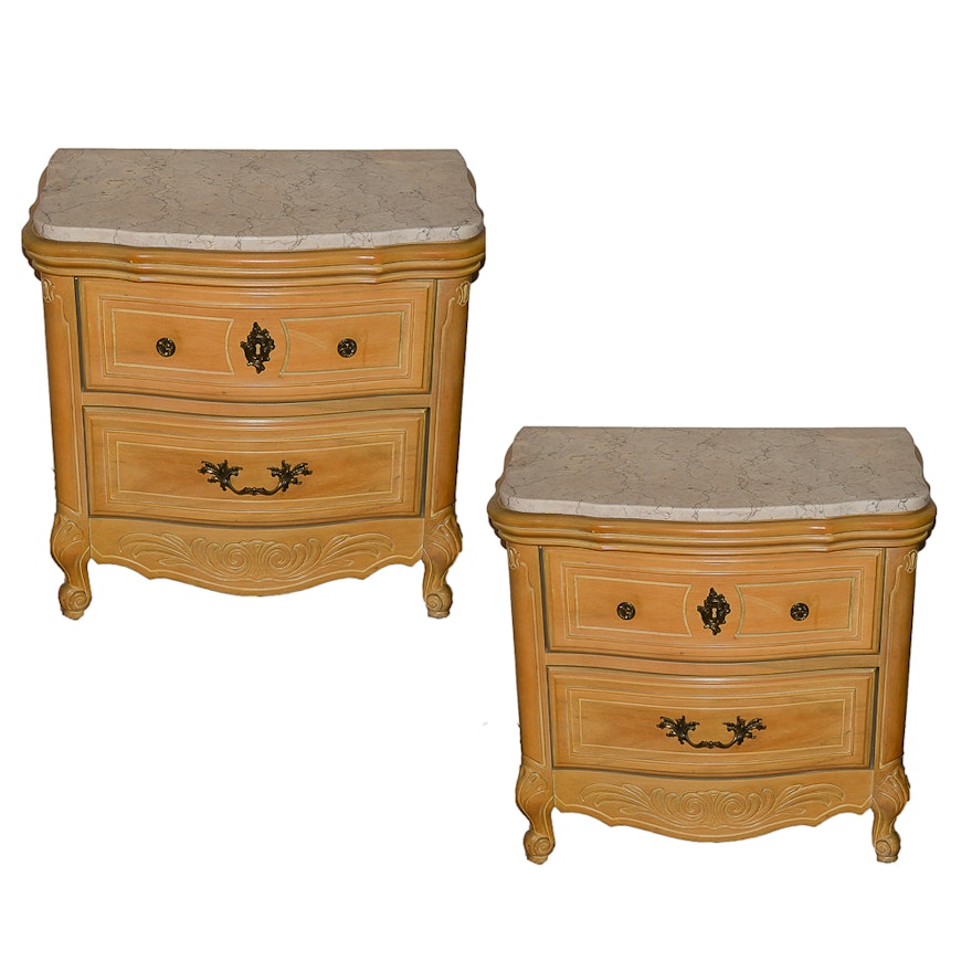 Pair of Marble Topped and Maple French Provincial Nightstands