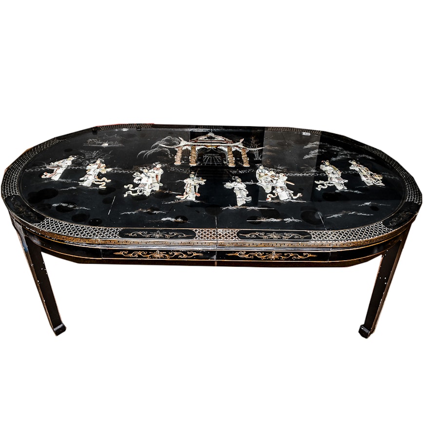 Vintage Lacquered Chinese Dining Table with Mother of Pearl Accents