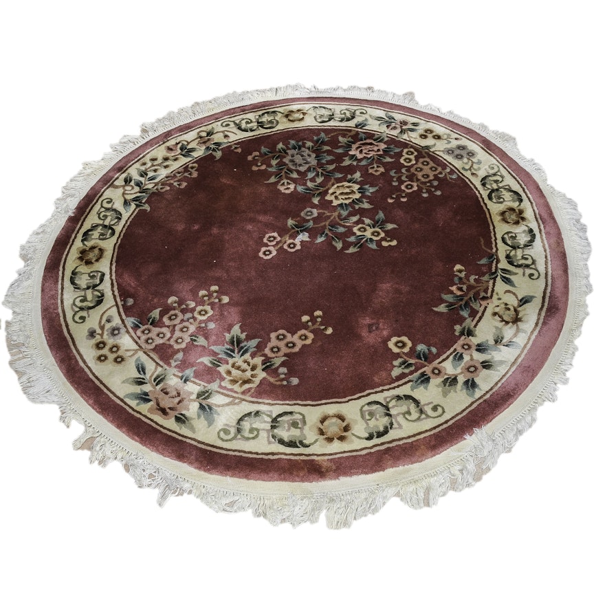 Hand-Knotted Chinese Floral Carved Wool Round Area Rug