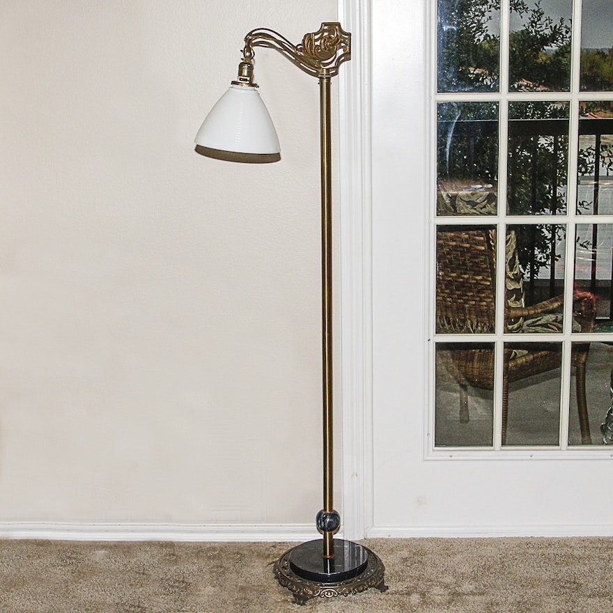 Vintage Brass and Marble Bridge Arm Floor Lamp with Milk Glass Shade