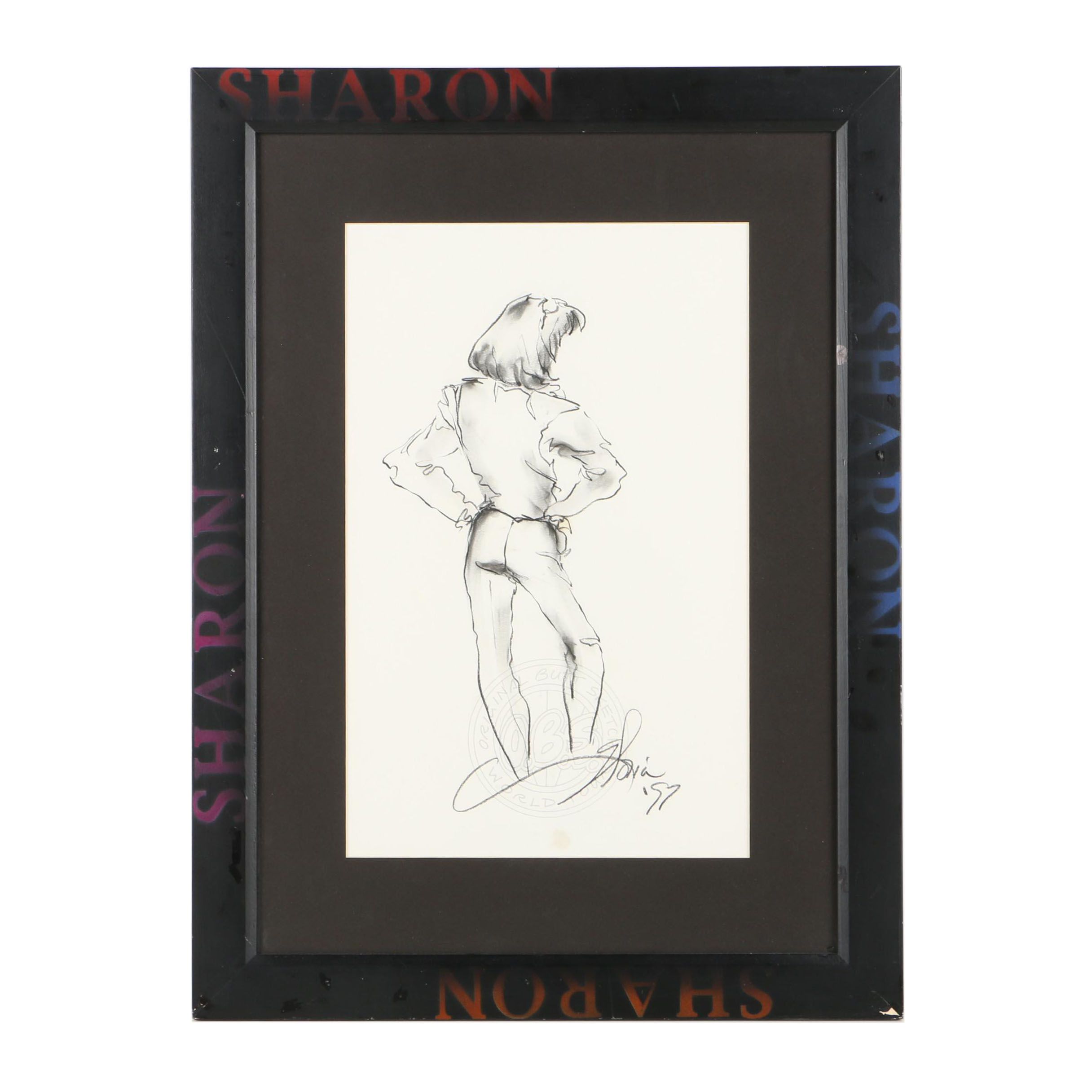 Attributed to Krandel Lee Newton Charcoal Drawing "Butt Sketch World Tour"