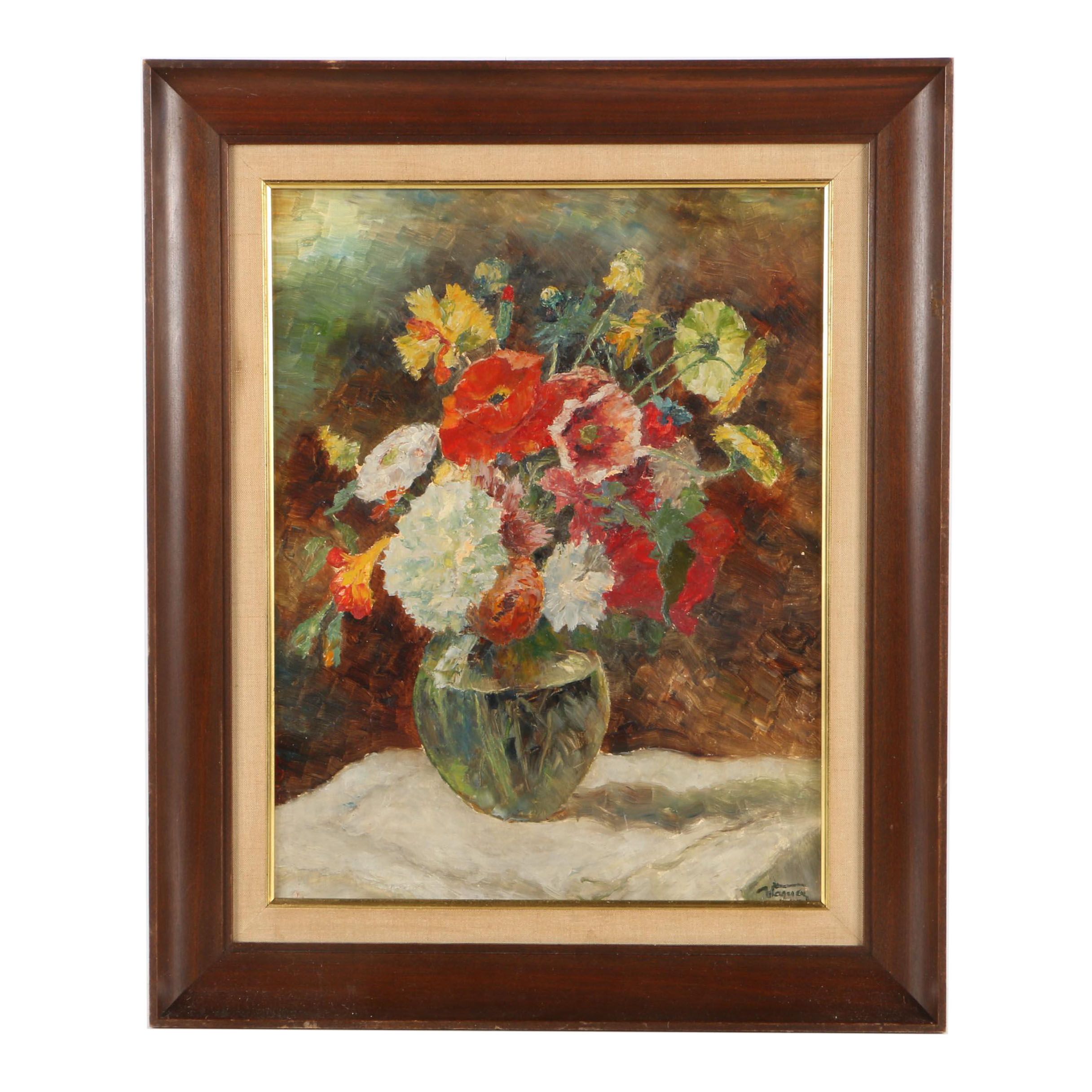 Wagner Oil Painting on Panel of Still Life with Glass Vase of Flowers