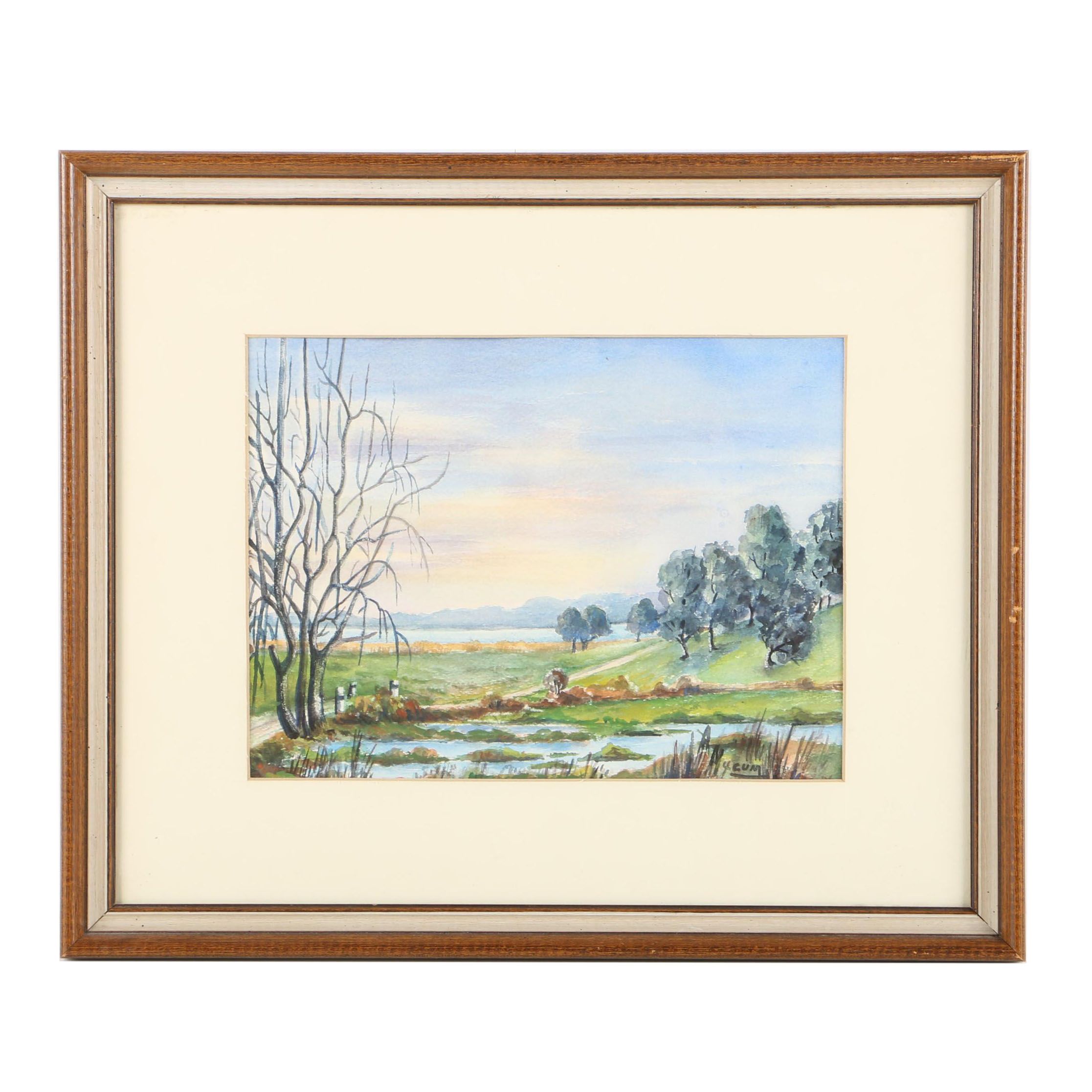 Signed Watercolor Painting on Paper of Park Scene