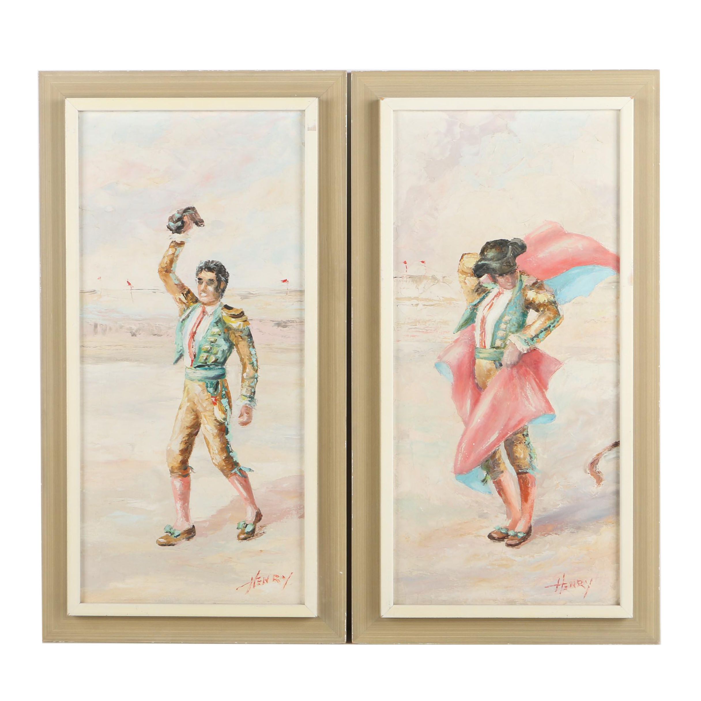 Oil on Canvas Diptych of Matadors Signed "Henry"