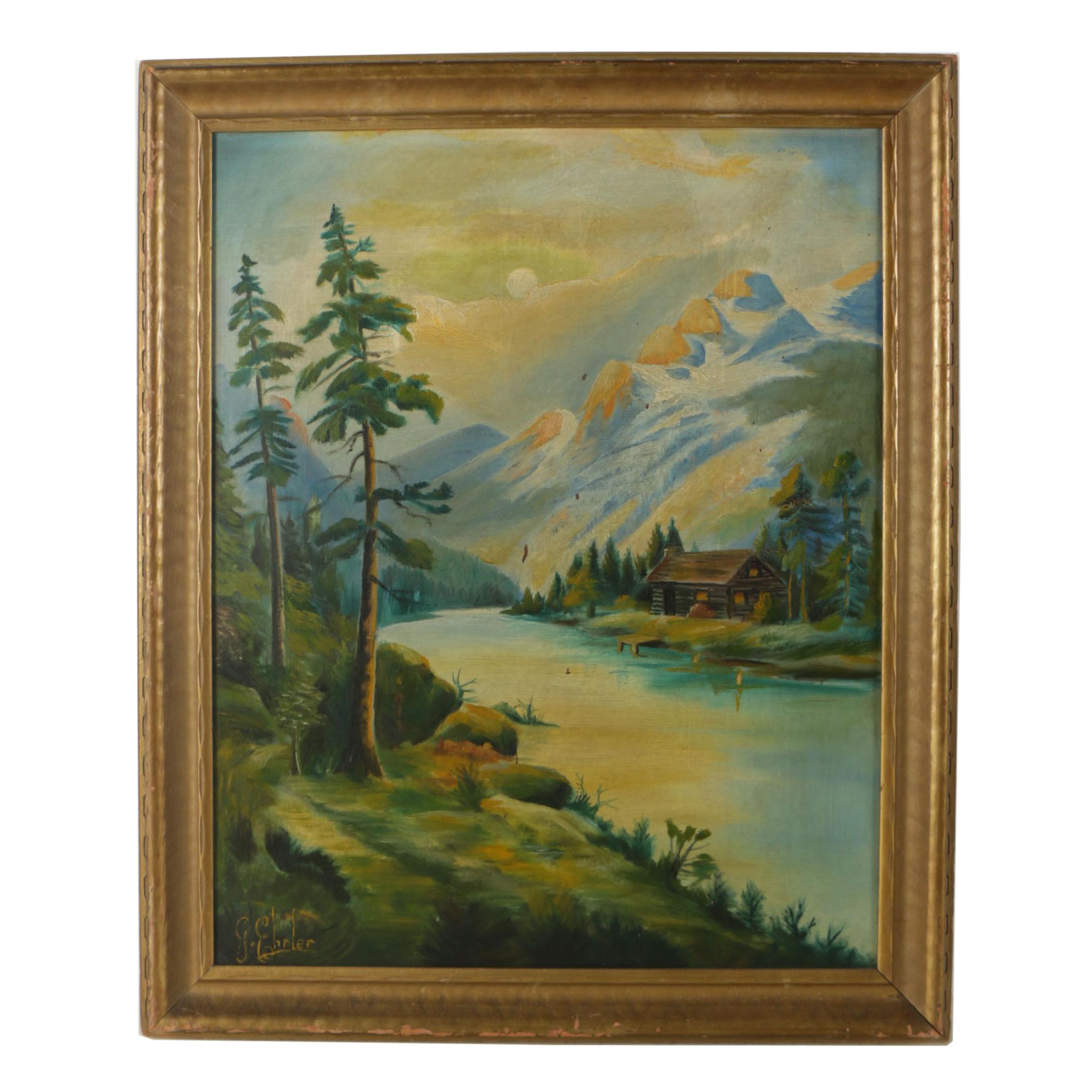 G. Ehrler Oil Painting on Board of a Mountain Landscape
