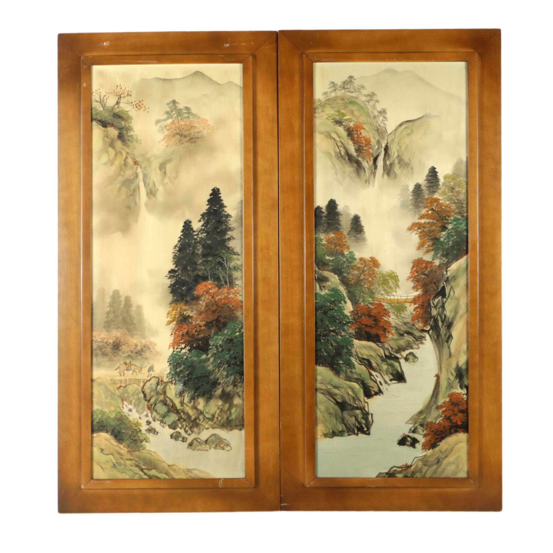 East Asian Gouache and Ink Paintings on Silk of Mountainous Landscape