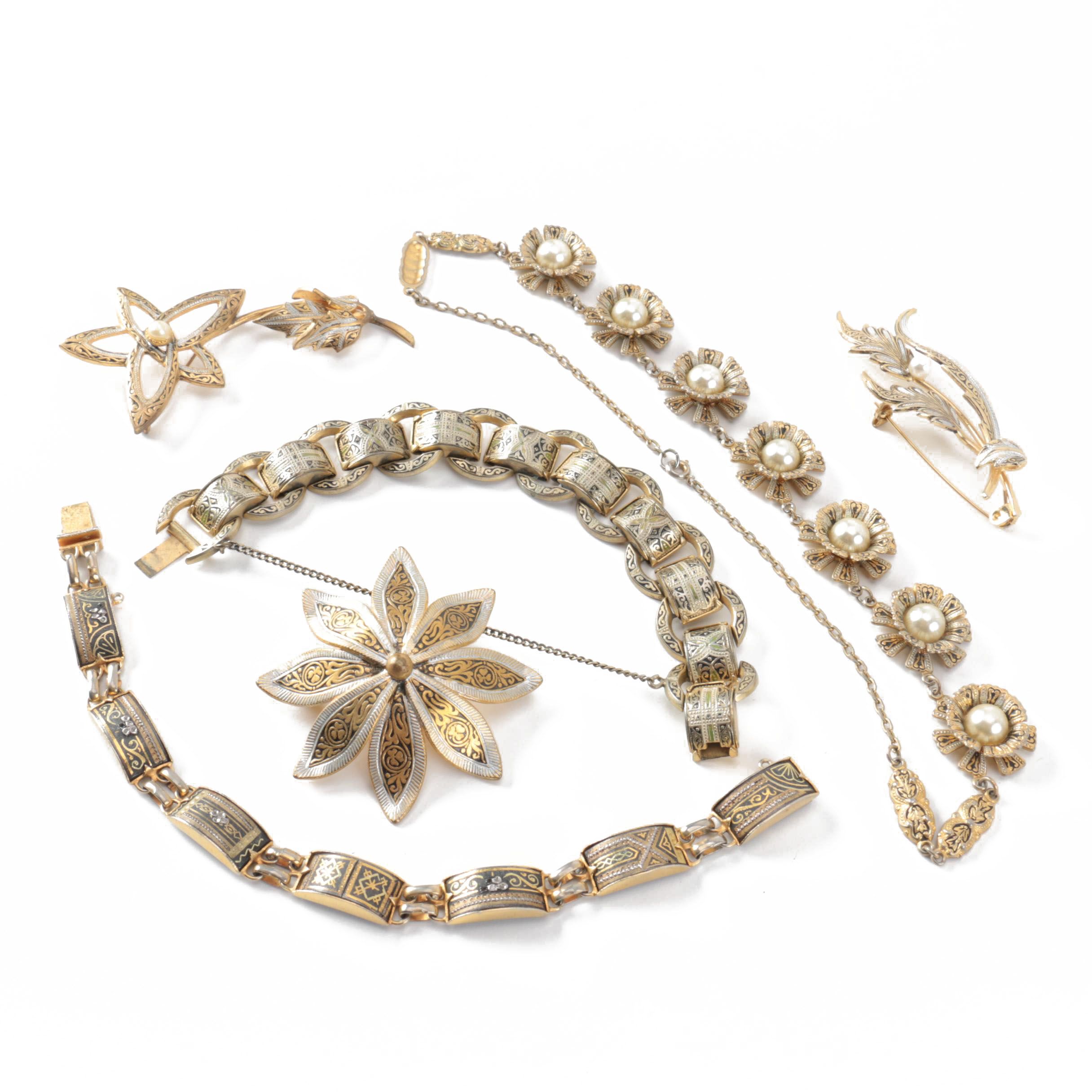 Vintage Damascene Style Costume Jewelry