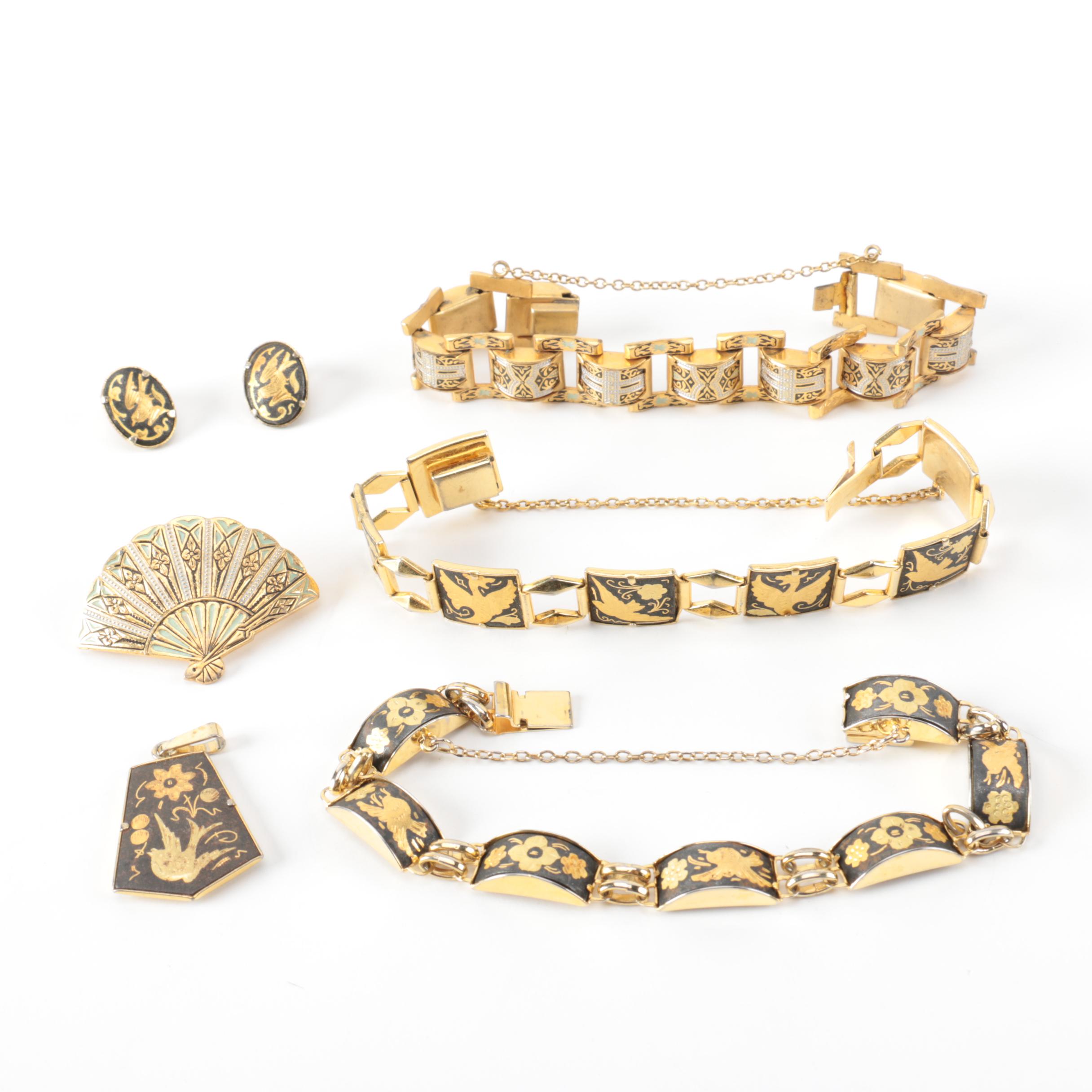 Vintage Damascene Gold Tone Metal and Enamel Jewelry