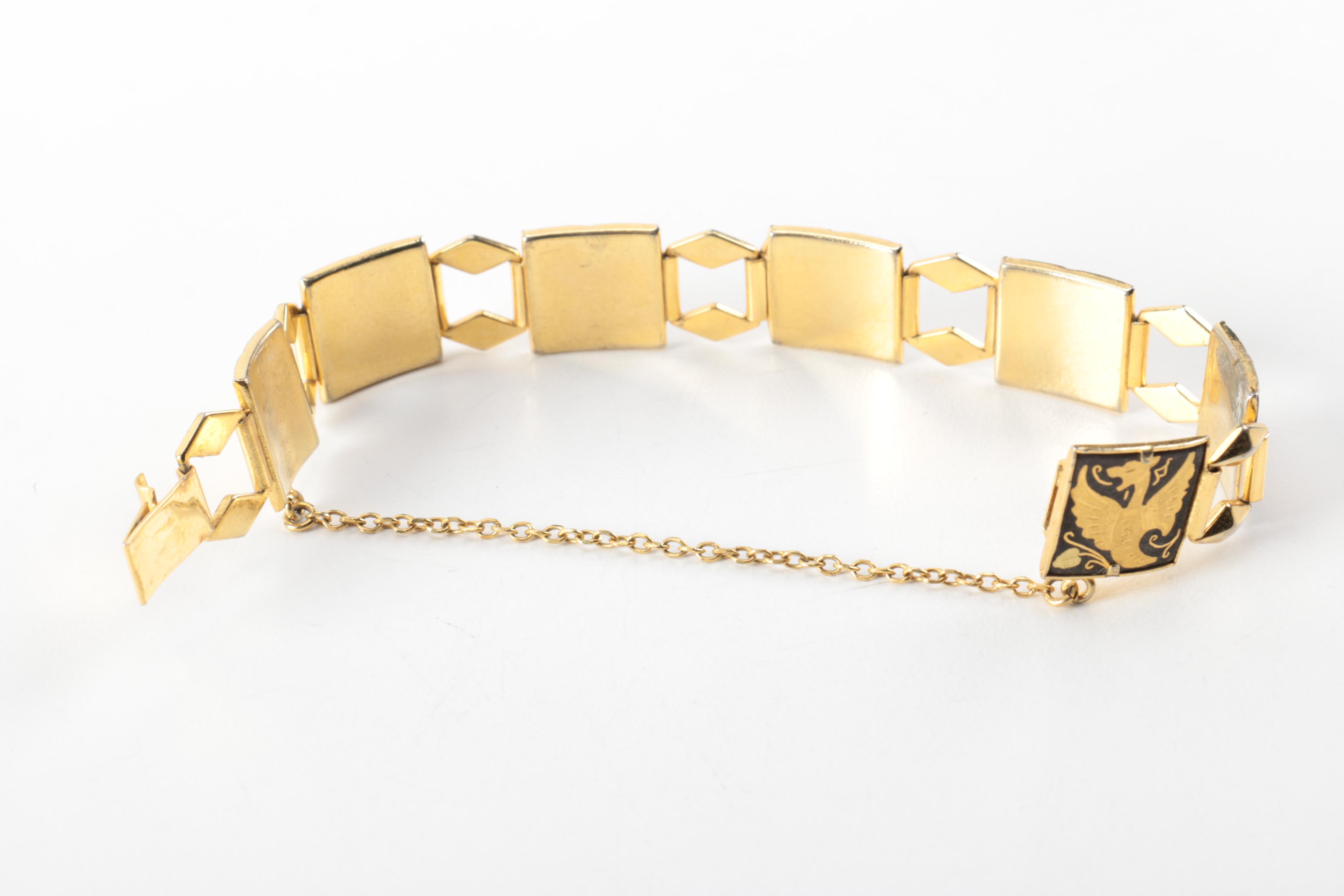 Vintage Damascene Gold Tone Metal and Enamel Jewelry