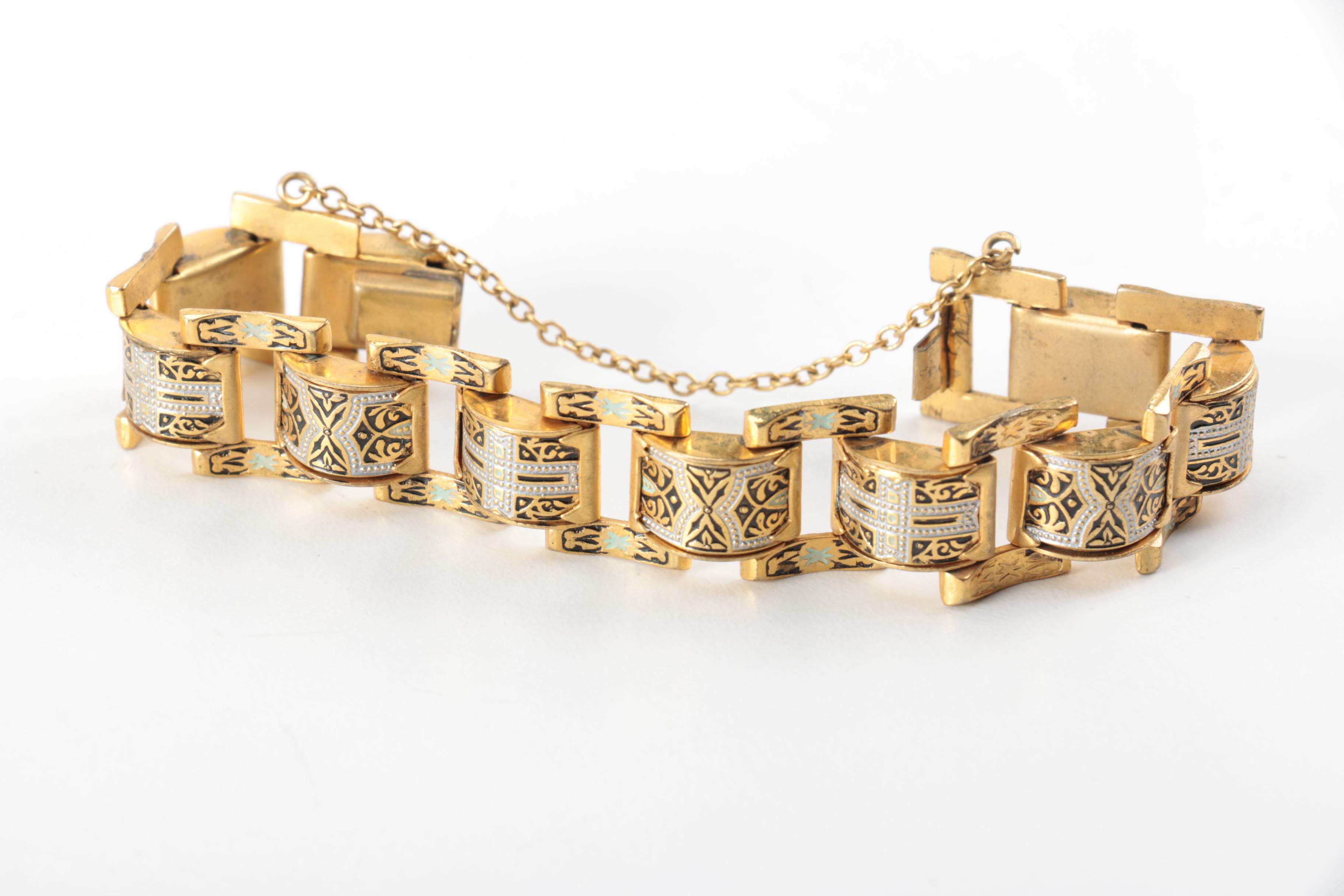 Vintage Damascene Gold Tone Metal and Enamel Jewelry