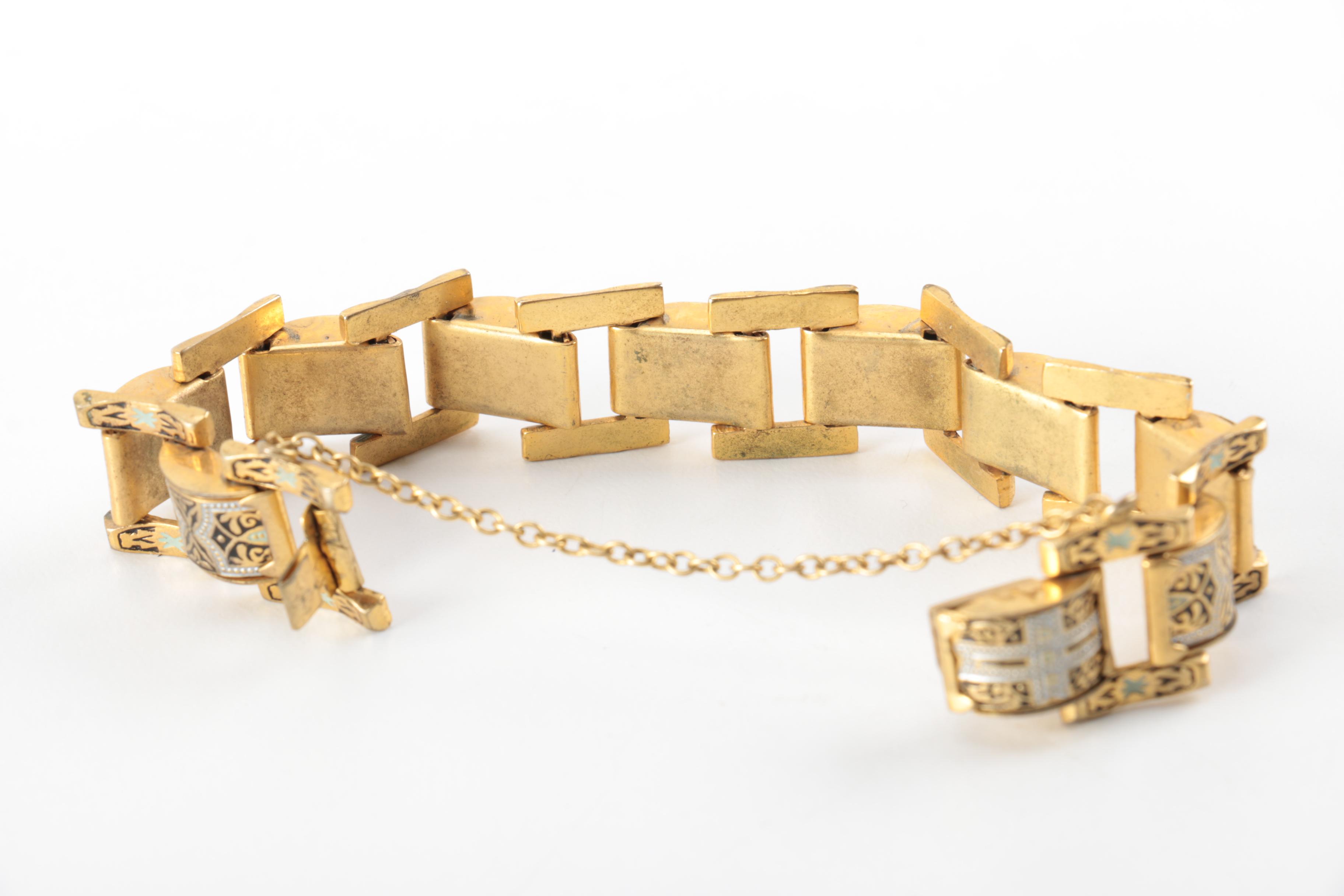 Vintage Damascene Gold Tone Metal and Enamel Jewelry