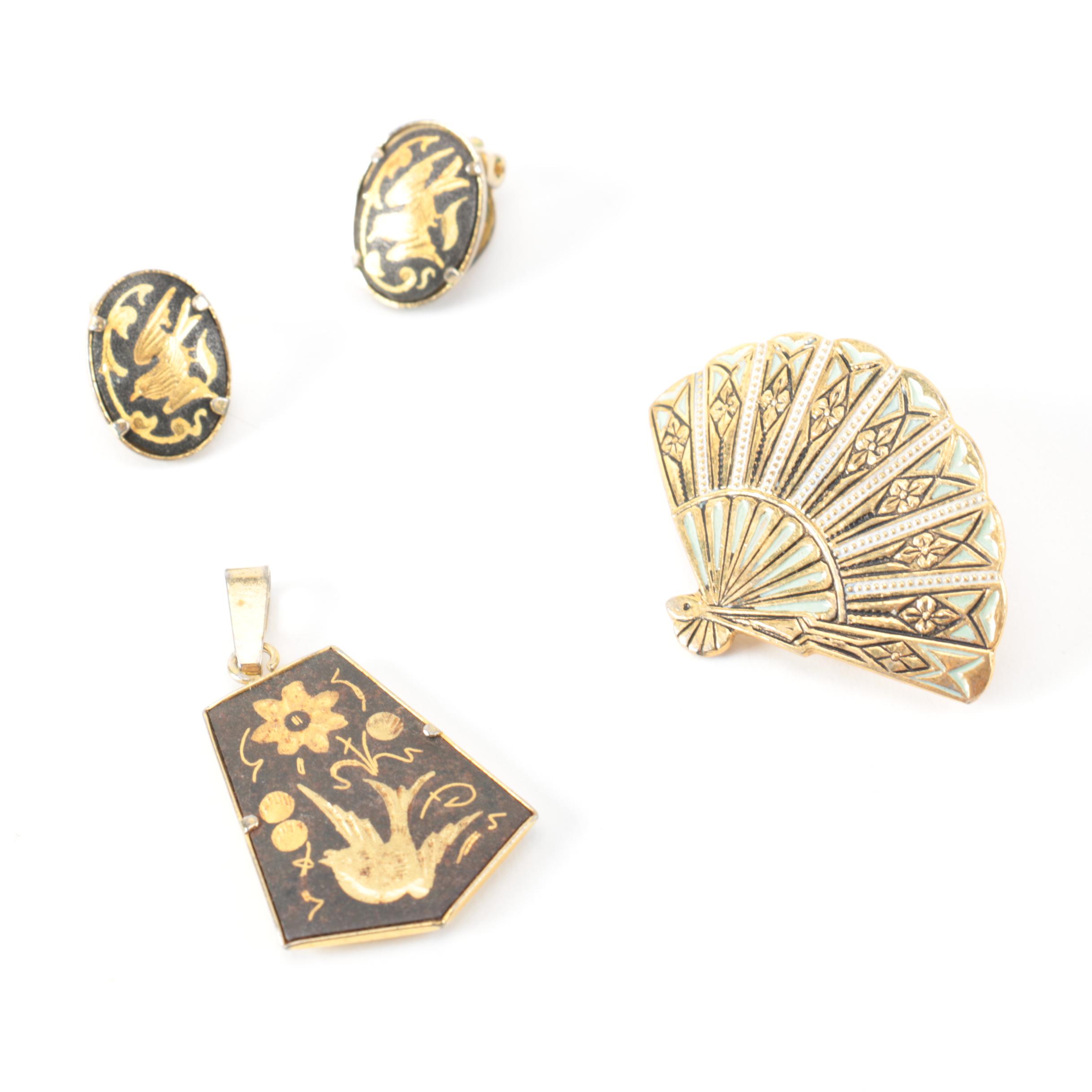 Vintage Damascene Gold Tone Metal and Enamel Jewelry