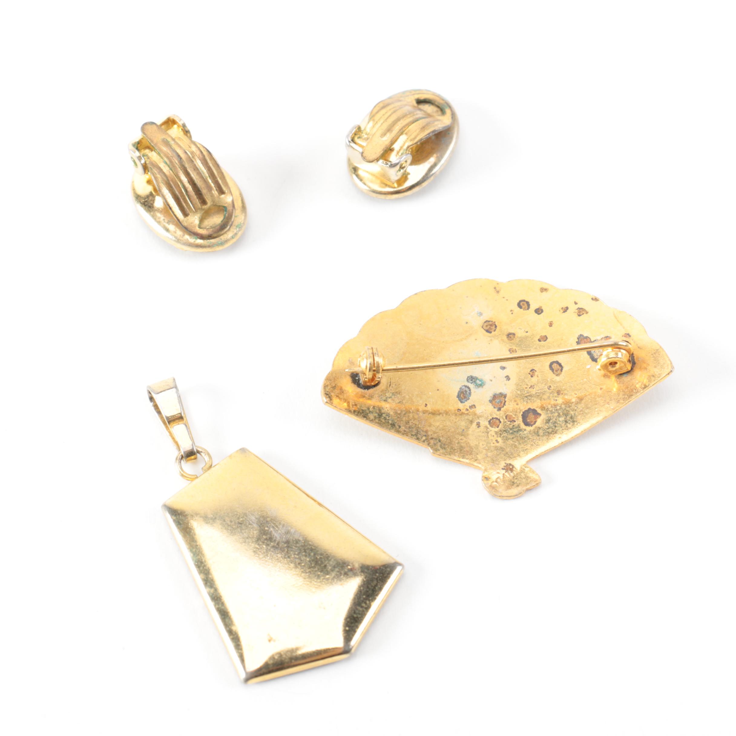 Vintage Damascene Gold Tone Metal and Enamel Jewelry