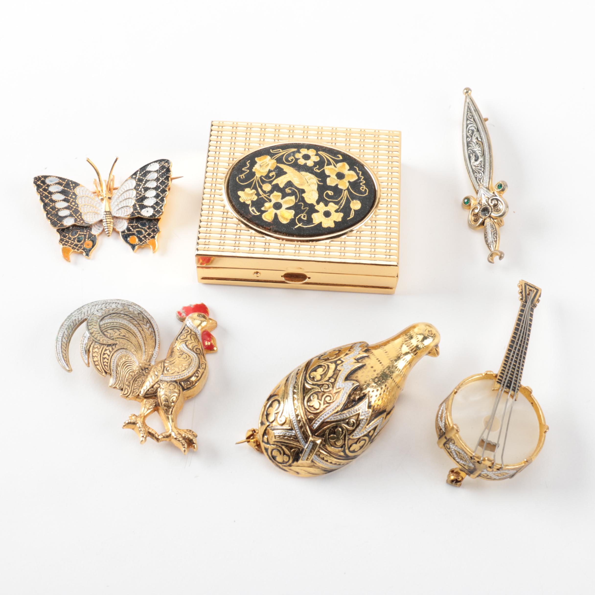 Grouping of Vintage Damascene Gold Tone Brooches and Trinket Box