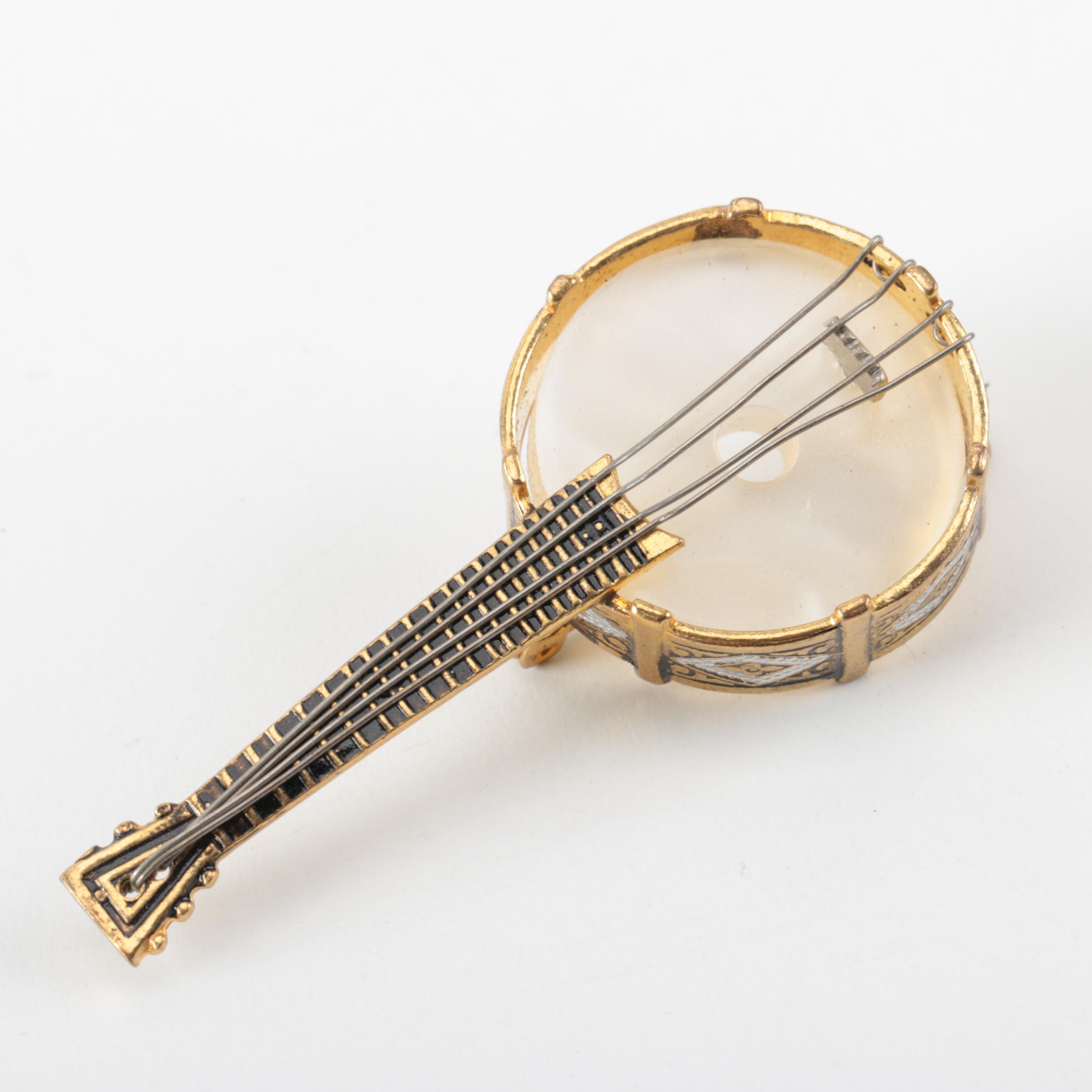 Grouping of Vintage Damascene Gold Tone Brooches and Trinket Box