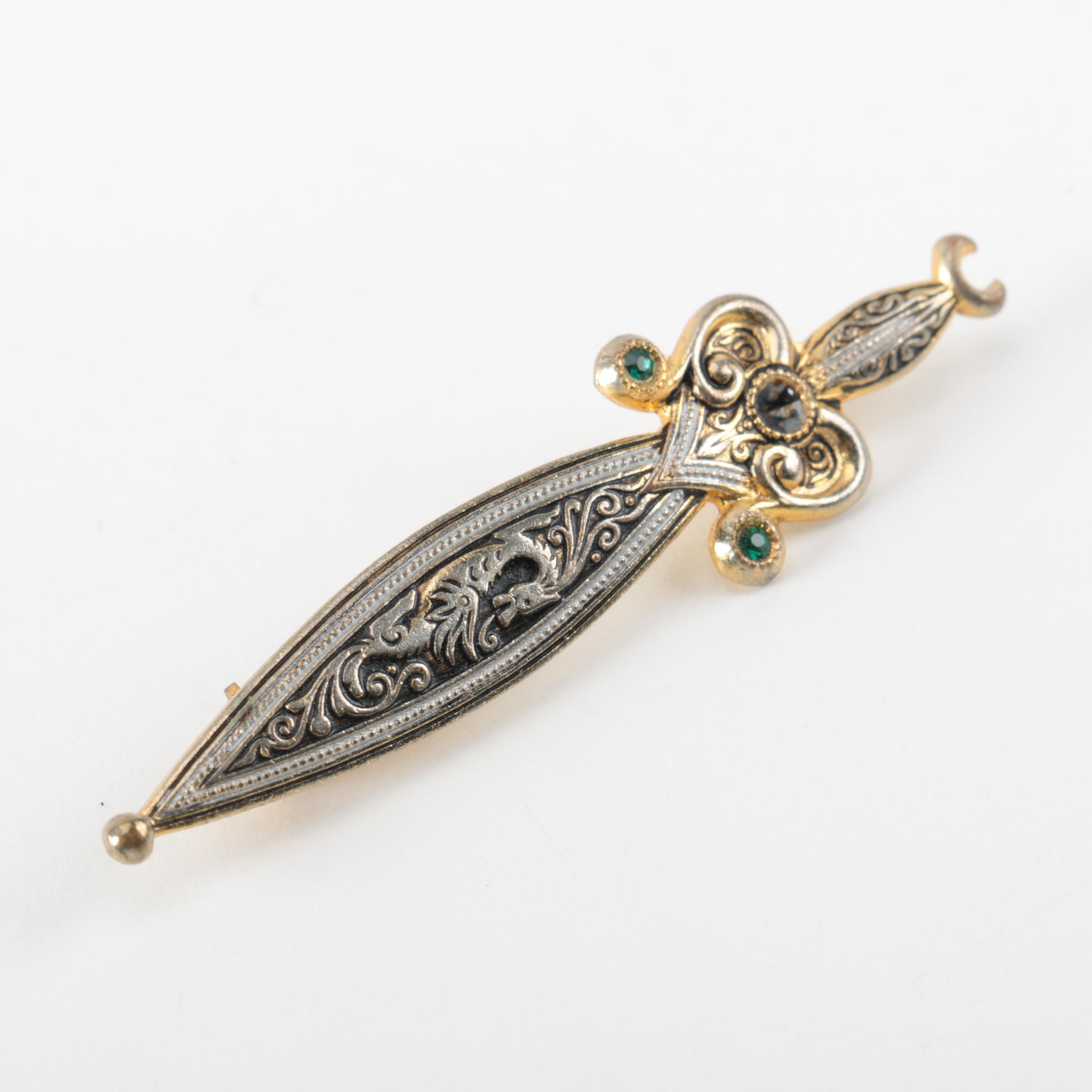 Grouping of Vintage Damascene Gold Tone Brooches and Trinket Box