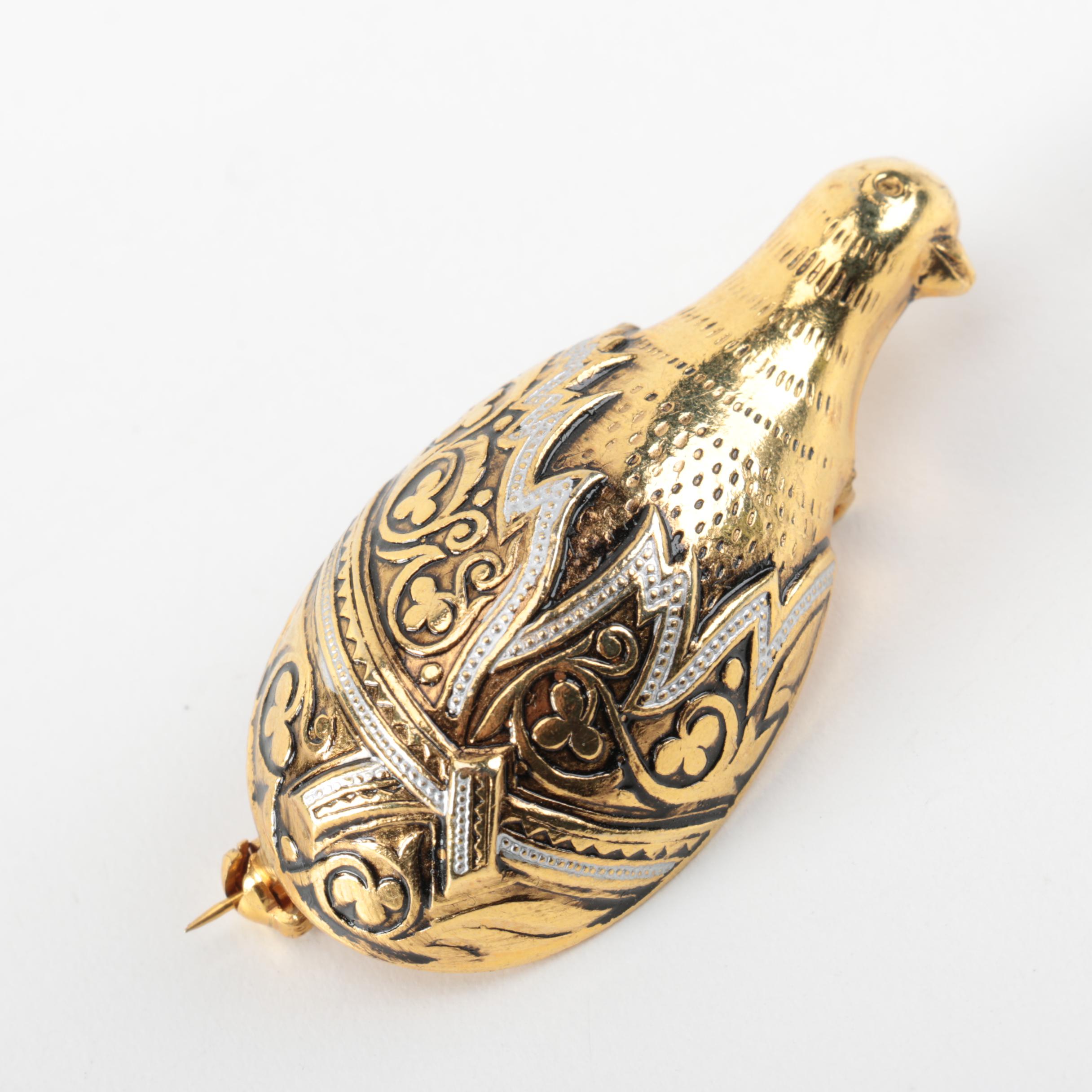 Grouping of Vintage Damascene Gold Tone Brooches and Trinket Box