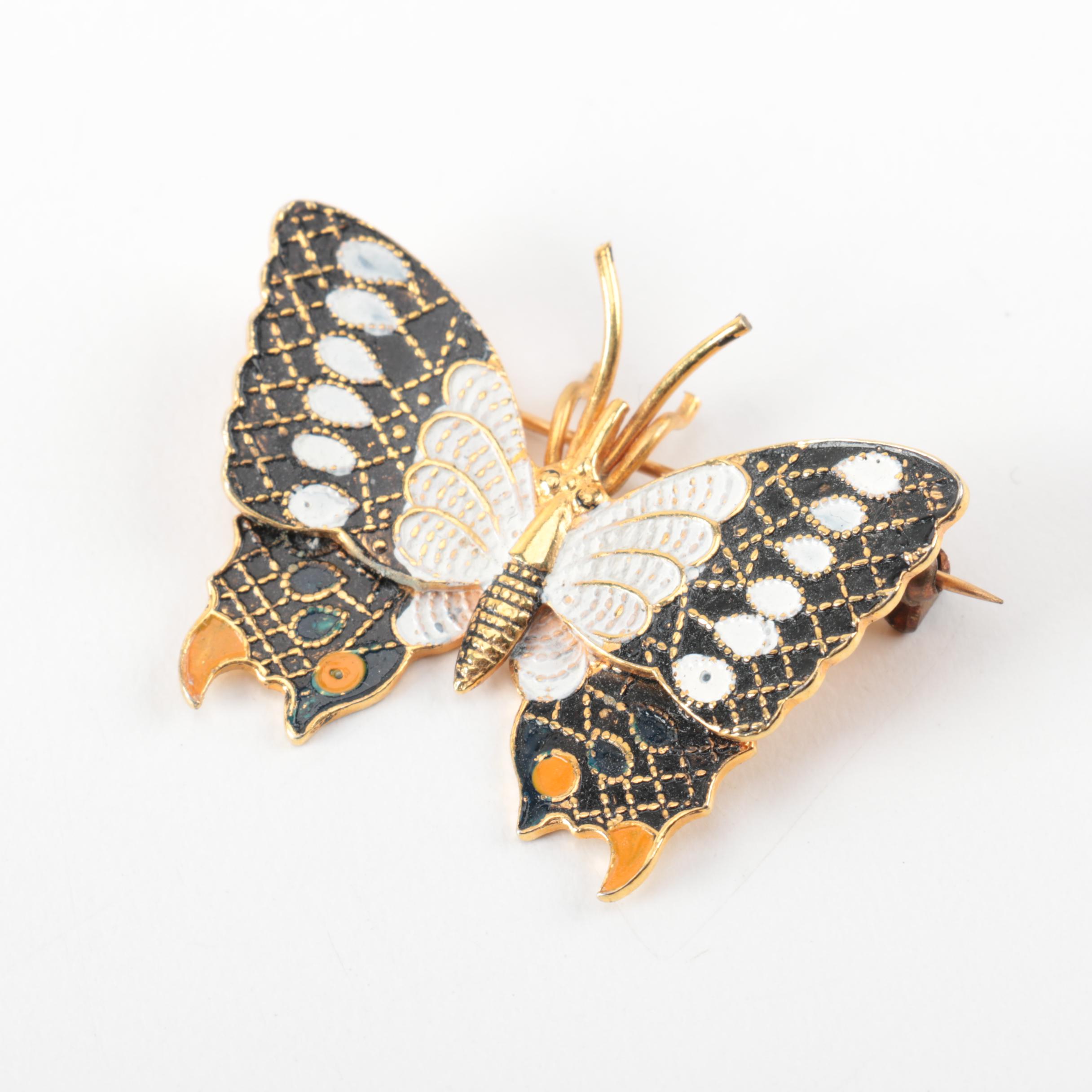 Grouping of Vintage Damascene Gold Tone Brooches and Trinket Box