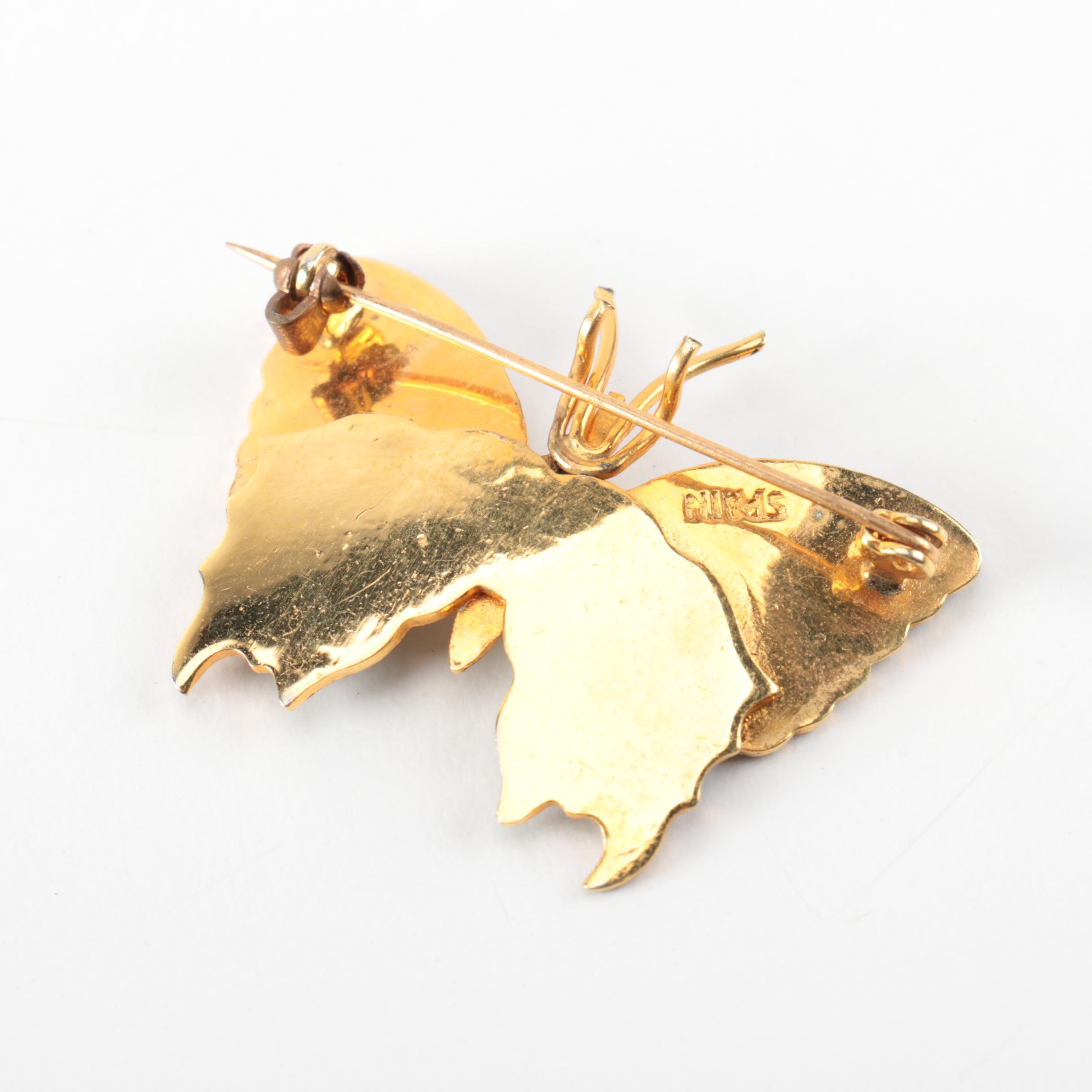 Grouping of Vintage Damascene Gold Tone Brooches and Trinket Box