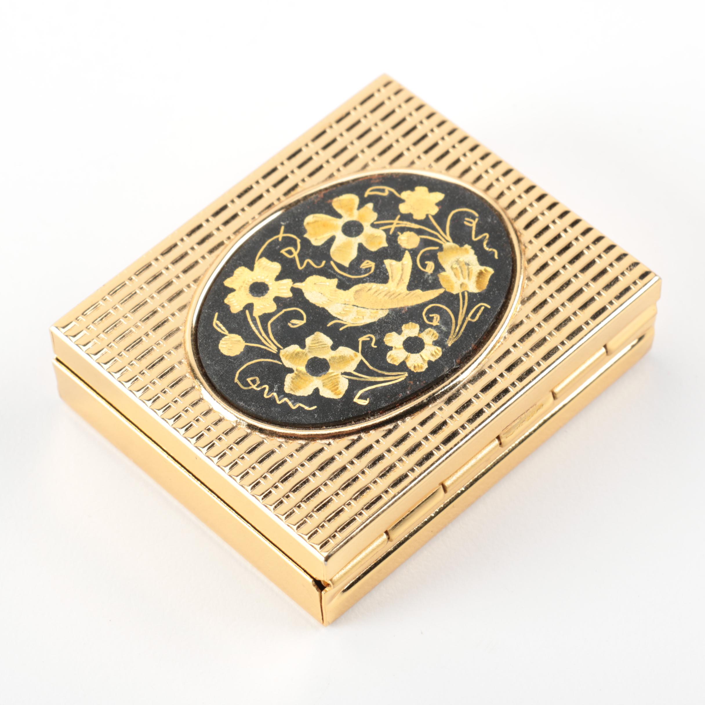 Grouping of Vintage Damascene Gold Tone Brooches and Trinket Box