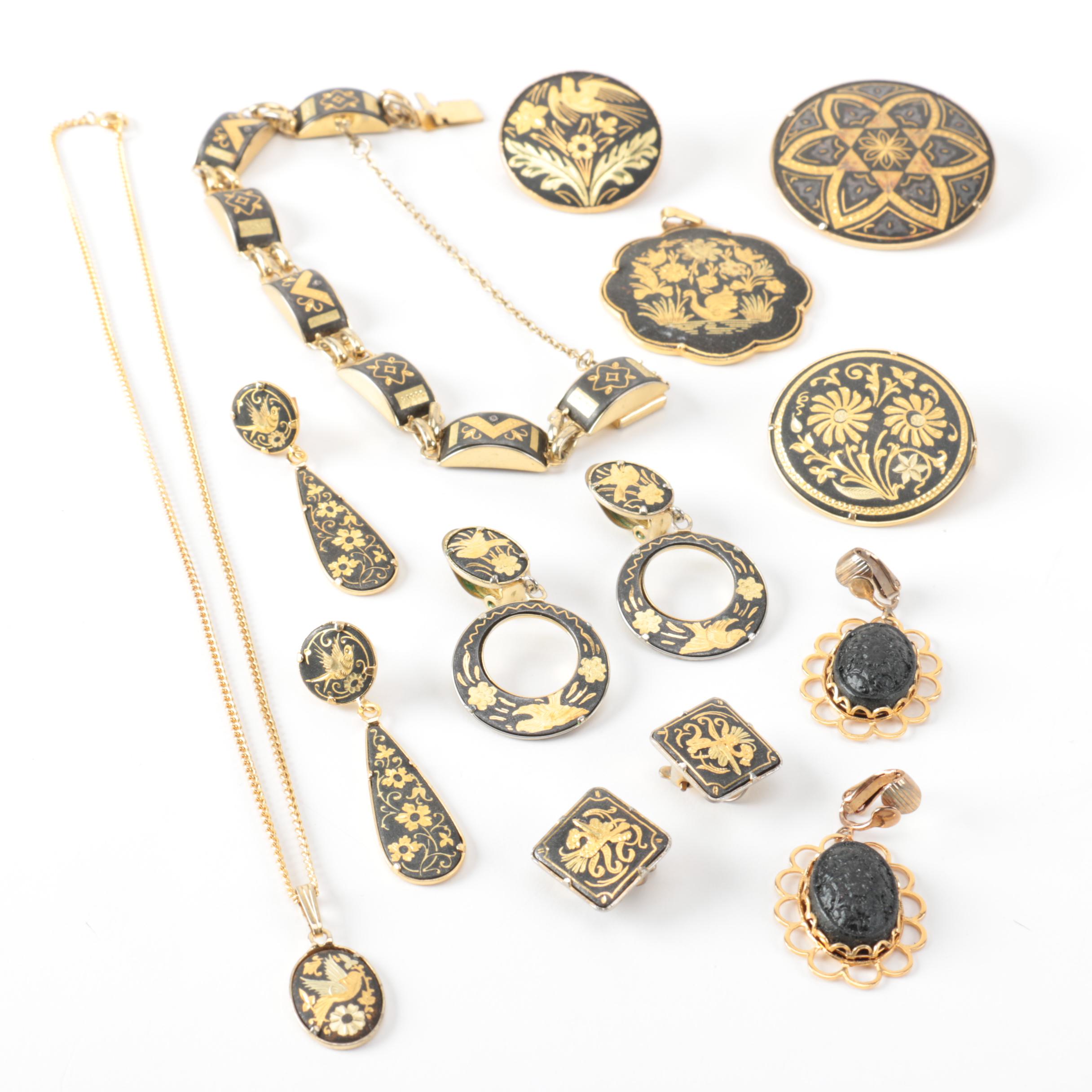 Gilded Damascene Style Costume Jewelry
