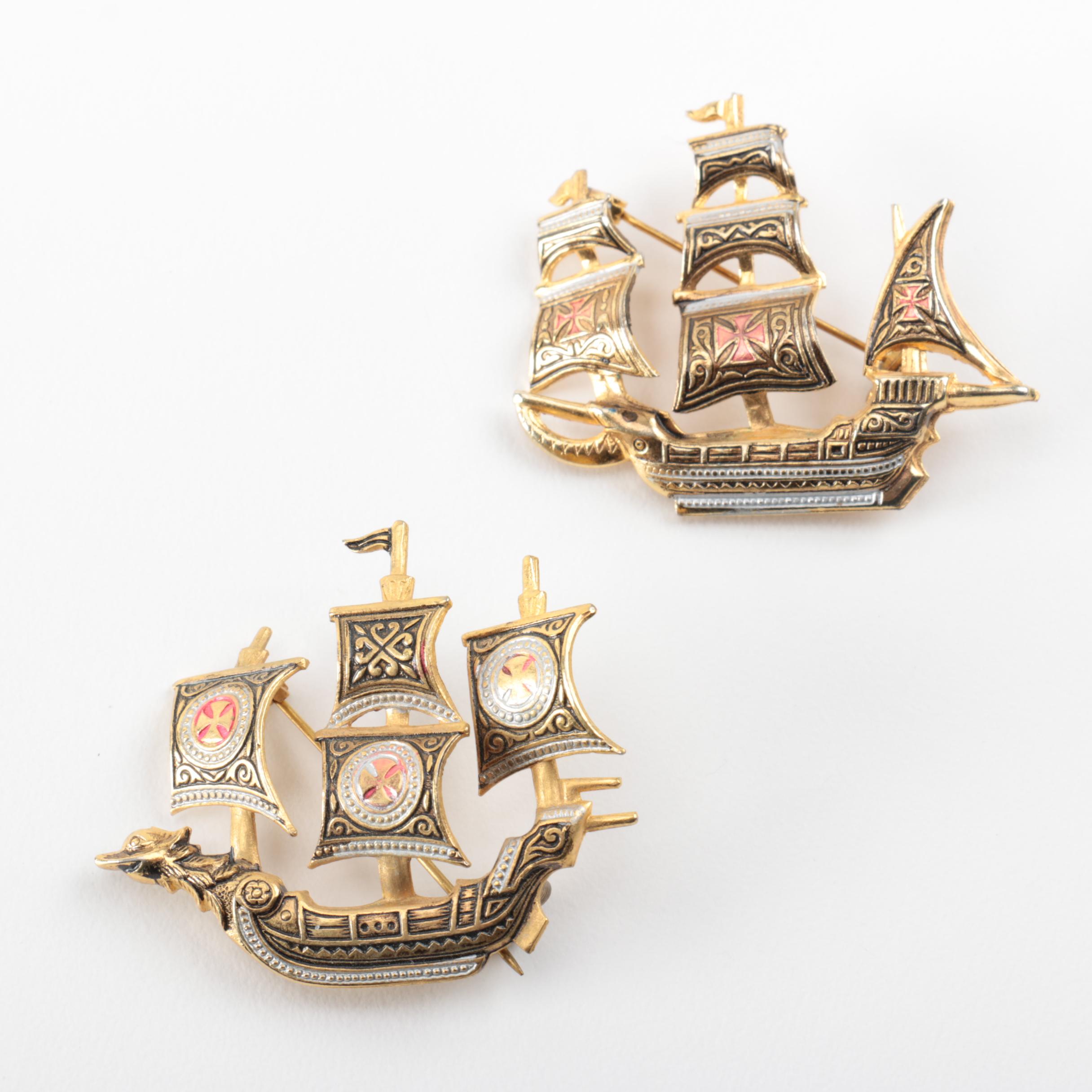 Grouping of Damascene Gold Toned Brooches and Pendants