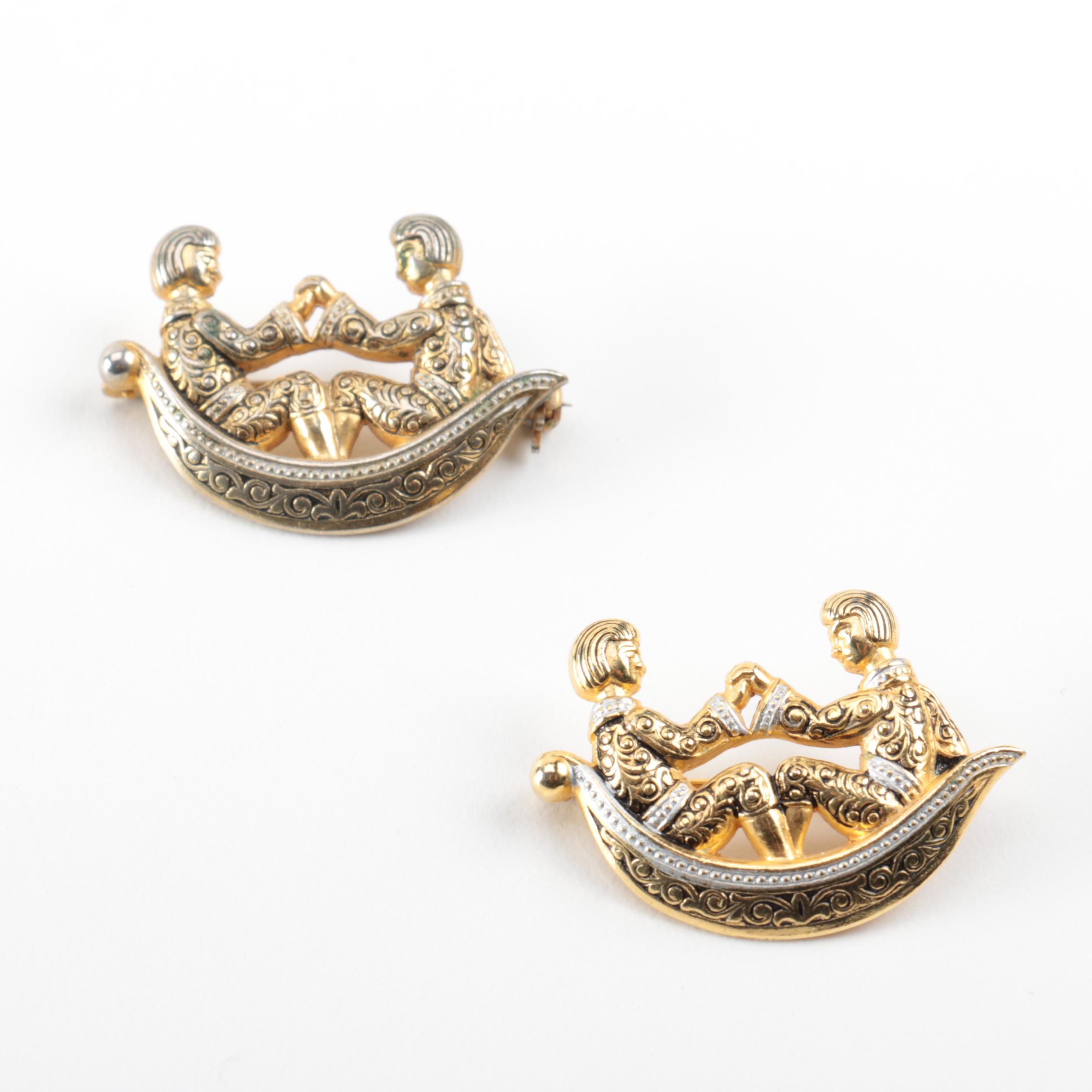 Grouping of Damascene Gold Toned Brooches and Pendants