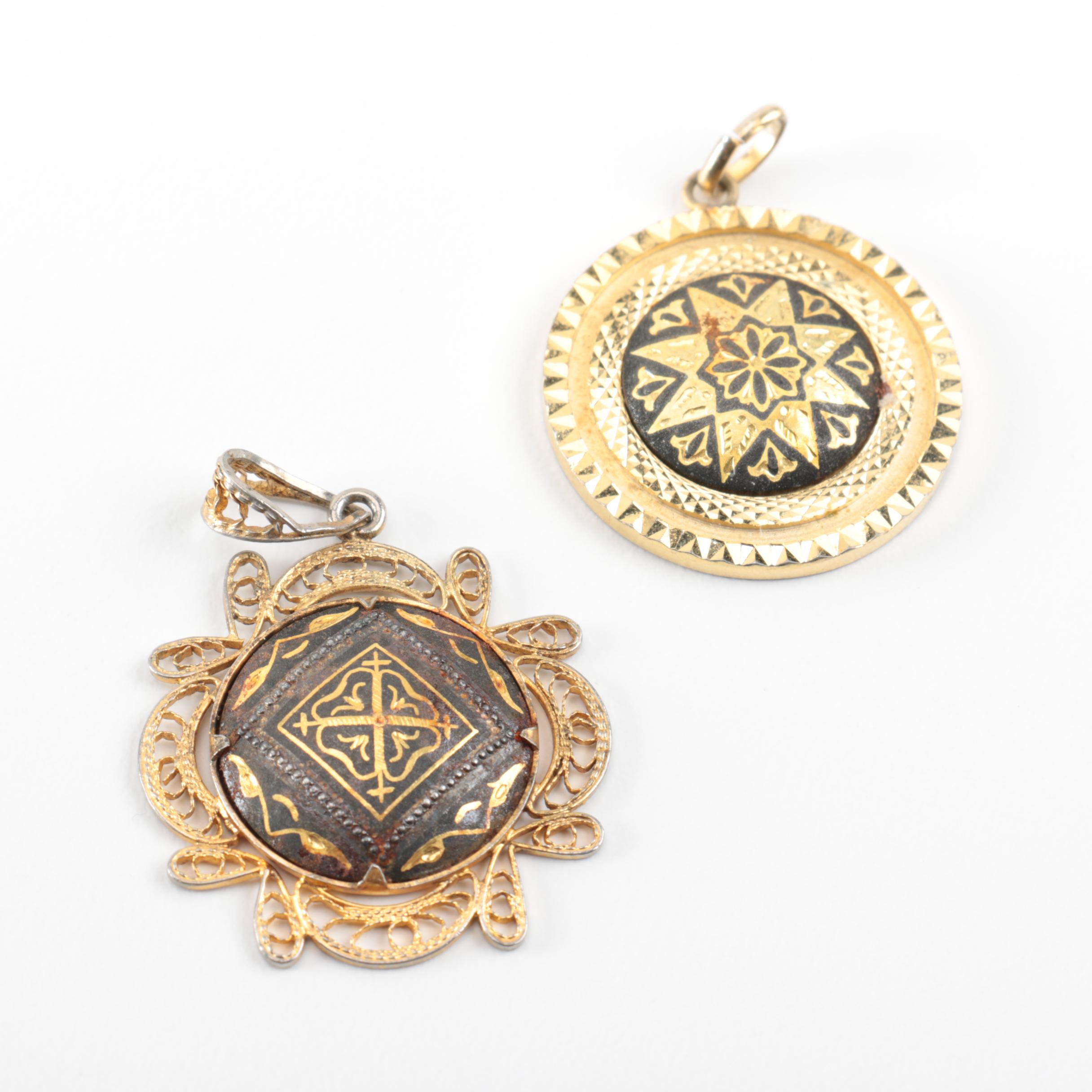 Grouping of Damascene Gold Toned Brooches and Pendants
