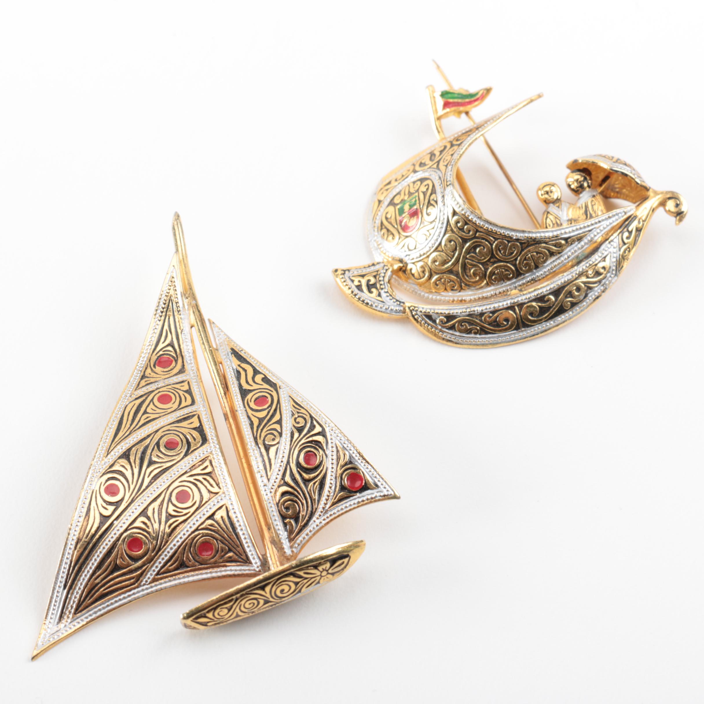 Grouping of Damascene Gold Toned Brooches and Pendants