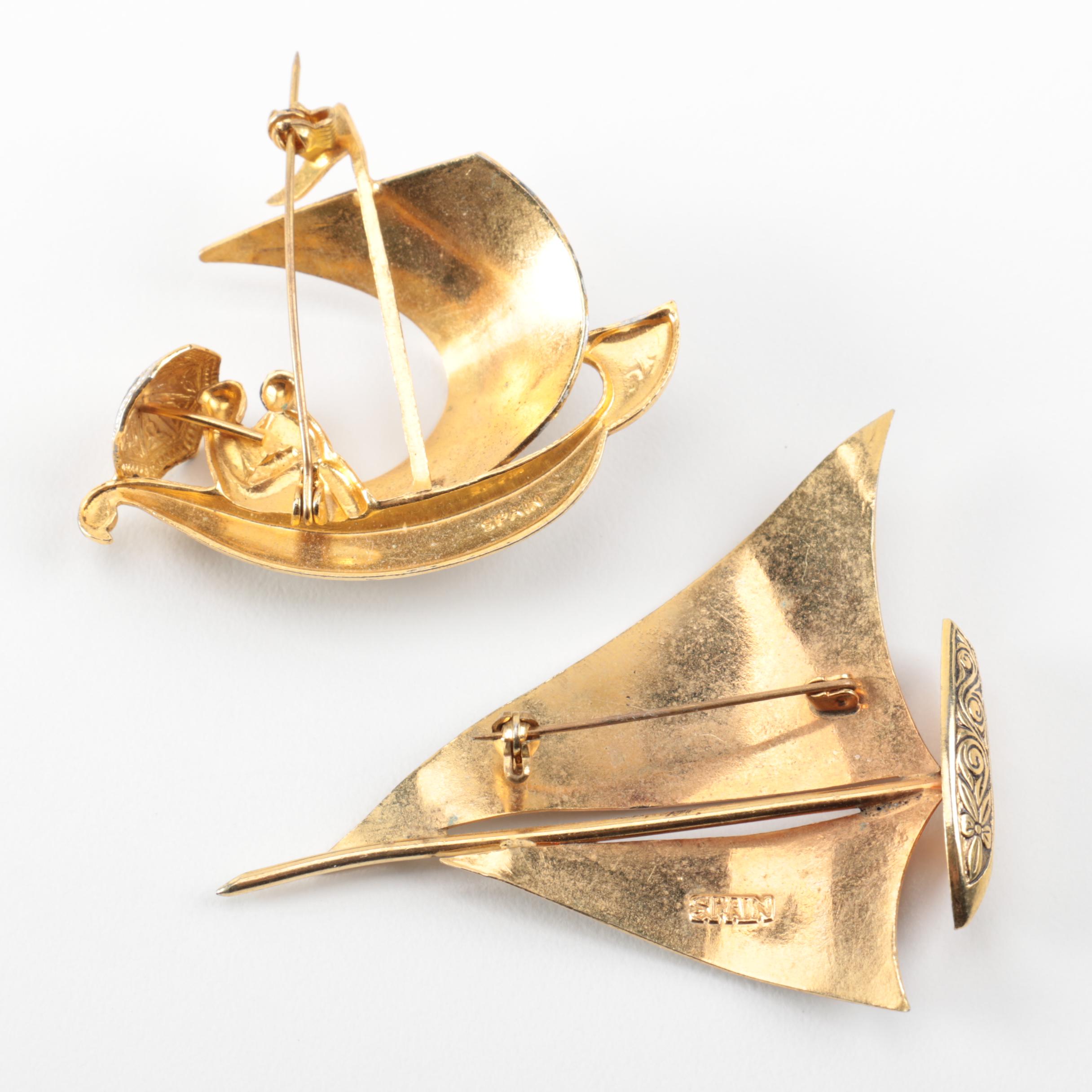 Grouping of Damascene Gold Toned Brooches and Pendants