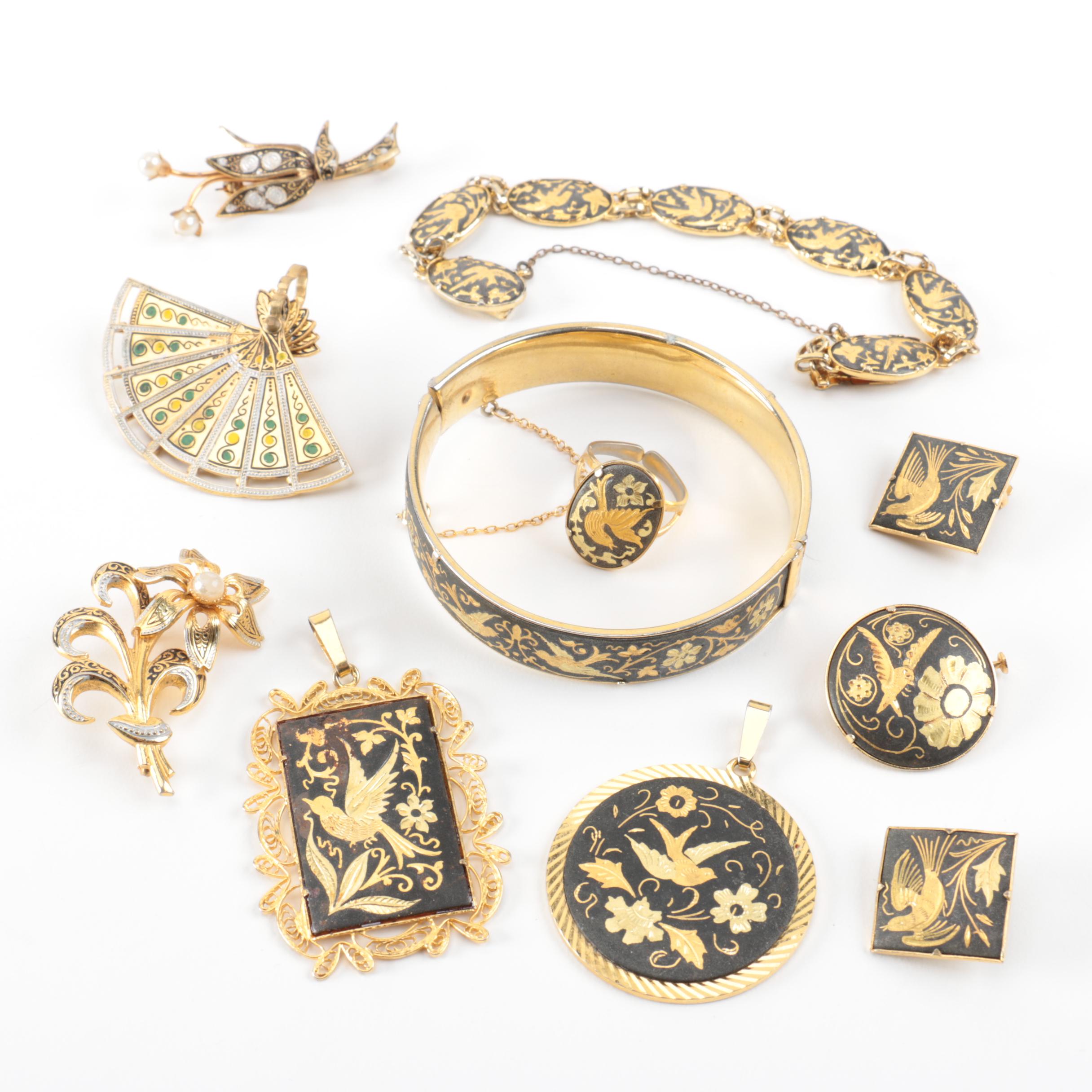 Grouping of Vintage Damascene Jewelry