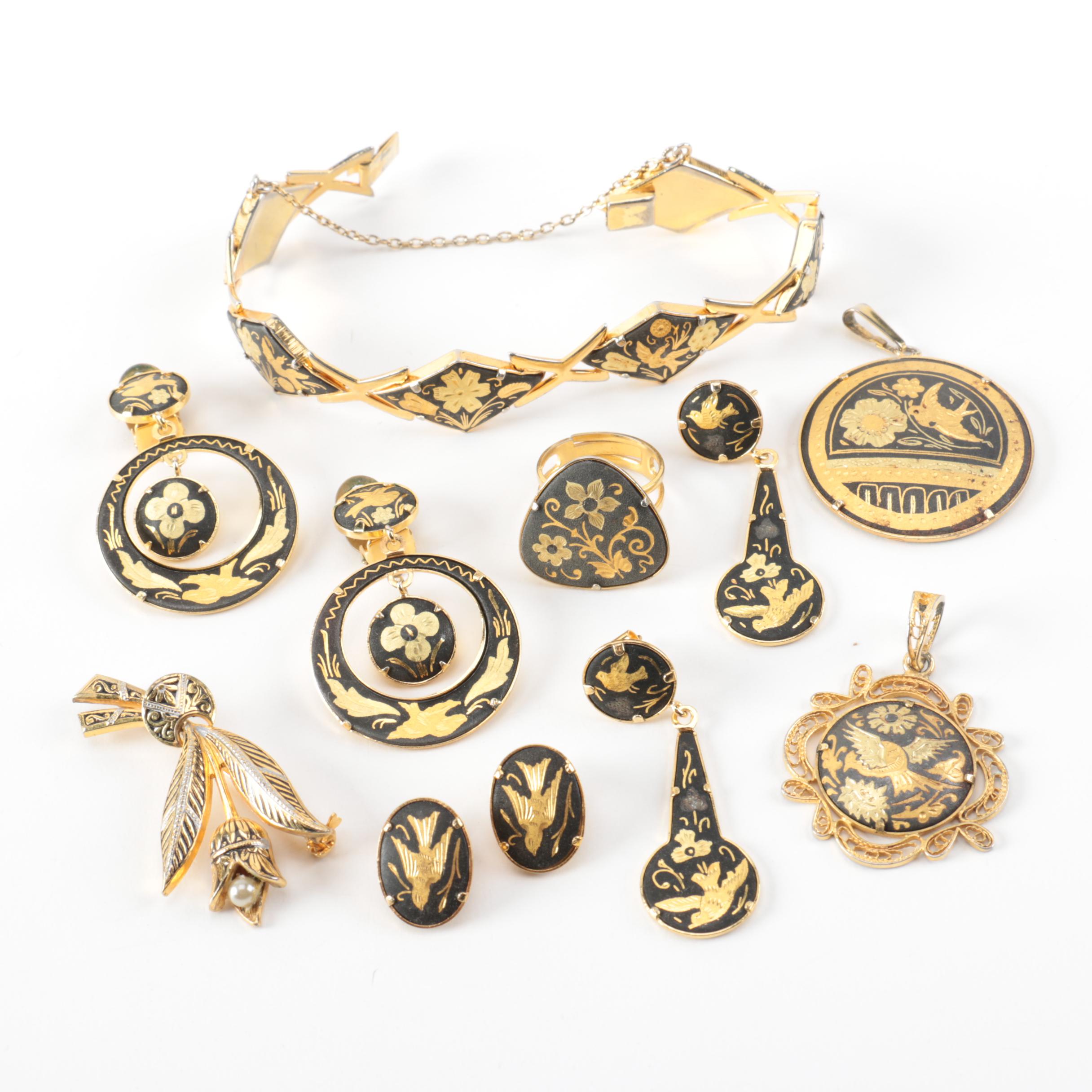 Collection of Vintage Damascene Jewelry