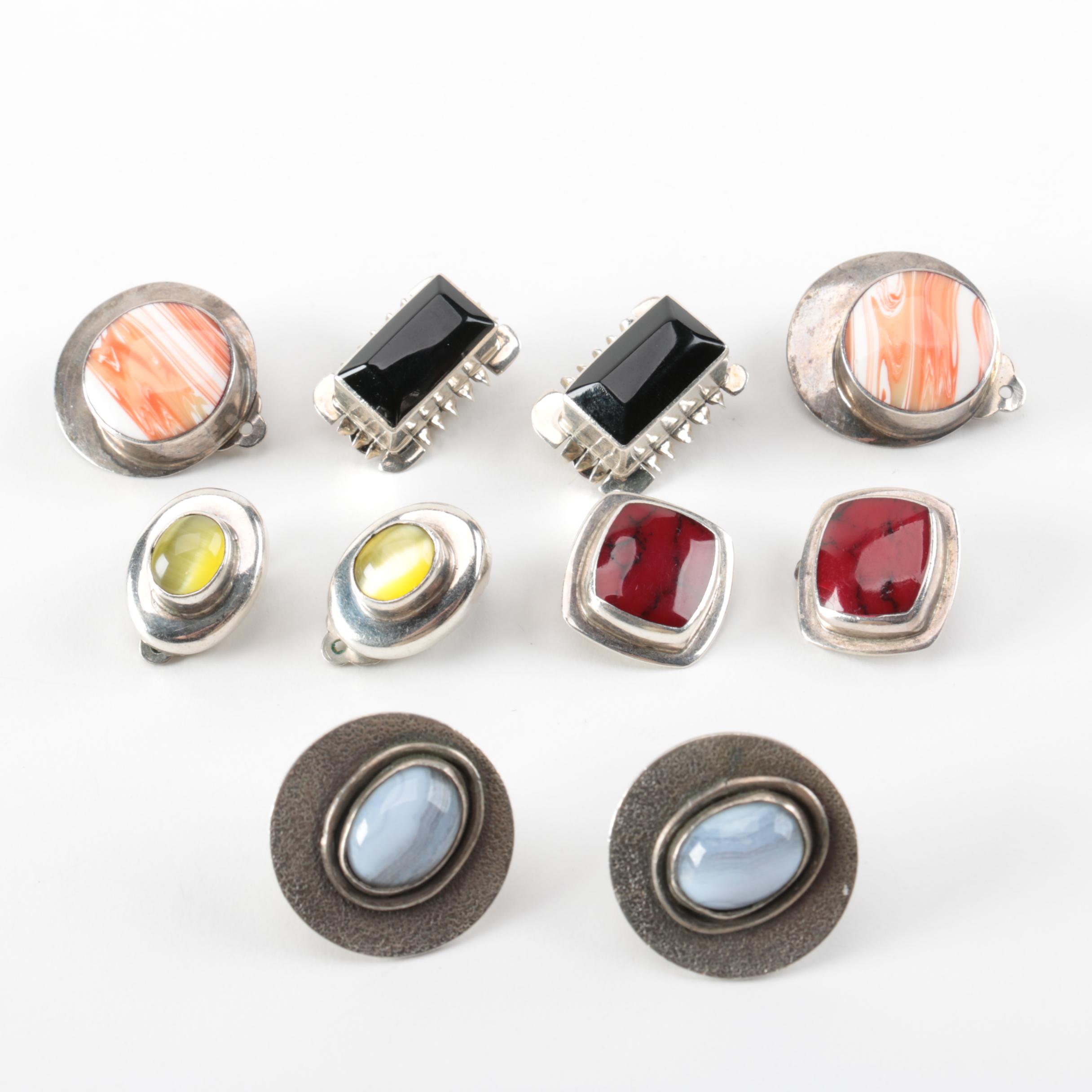 Sterling Silver Earrings Grouping Including Stone Accents