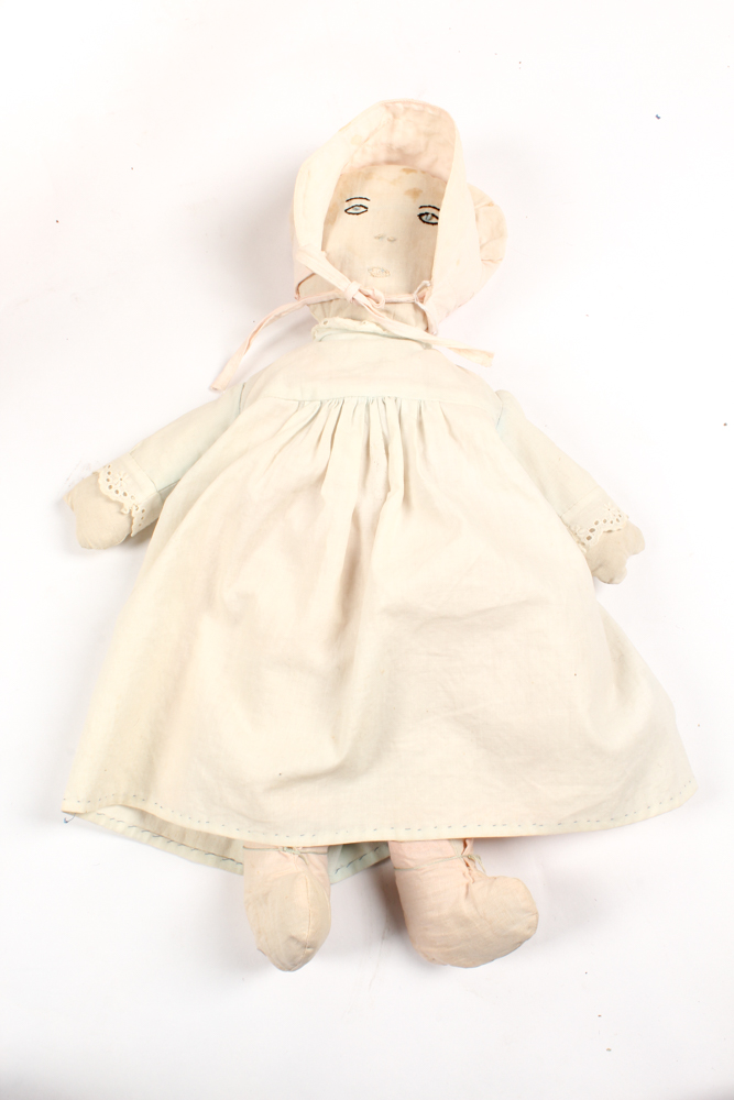 Brass Doll's Bed with Doll and Crochet Throw