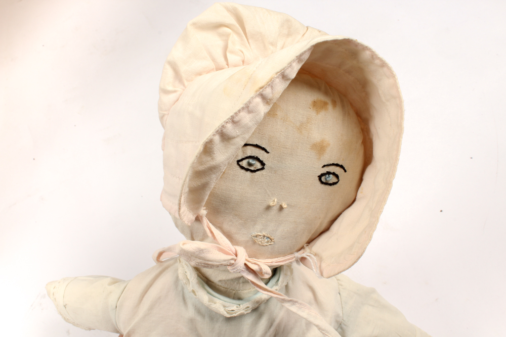 Brass Doll's Bed with Doll and Crochet Throw