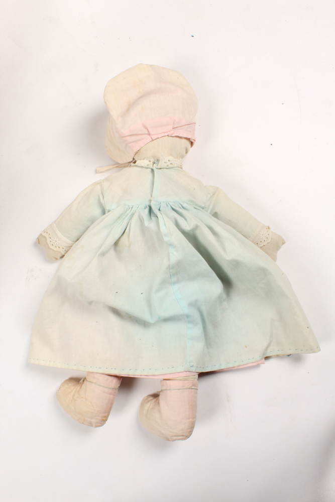 Brass Doll's Bed with Doll and Crochet Throw