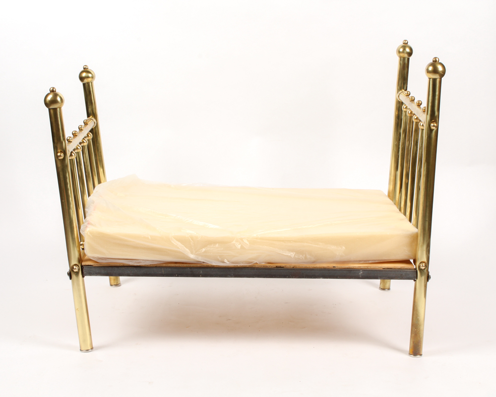 Brass Doll's Bed with Doll and Crochet Throw