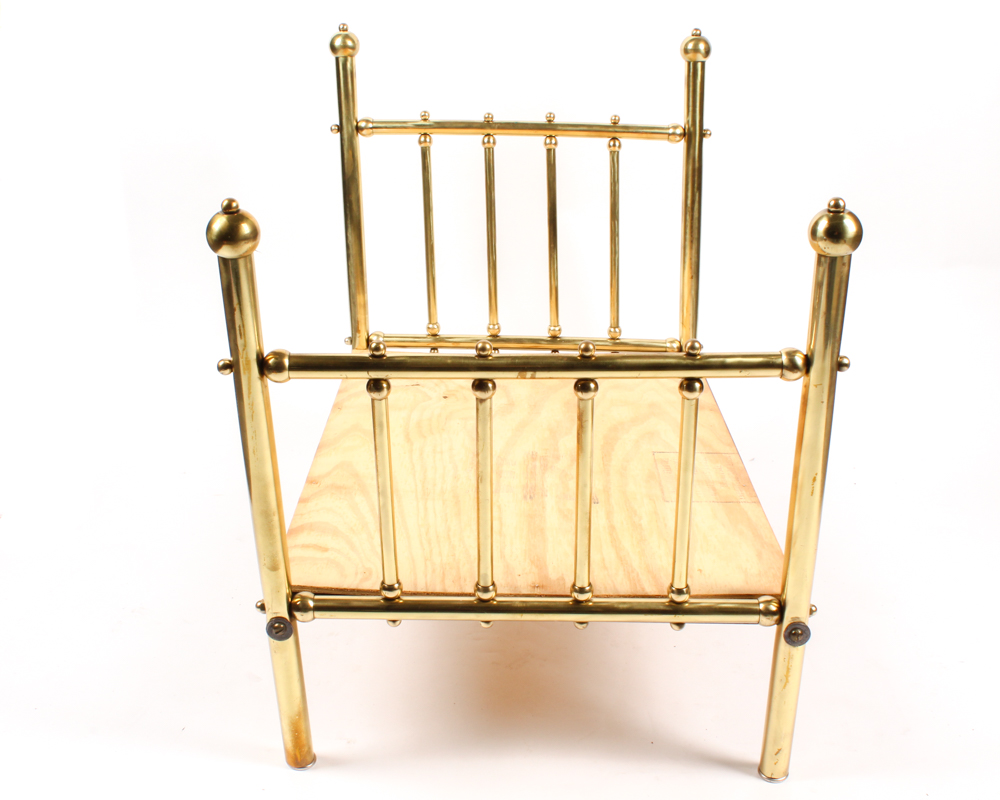 Brass Doll's Bed with Doll and Crochet Throw