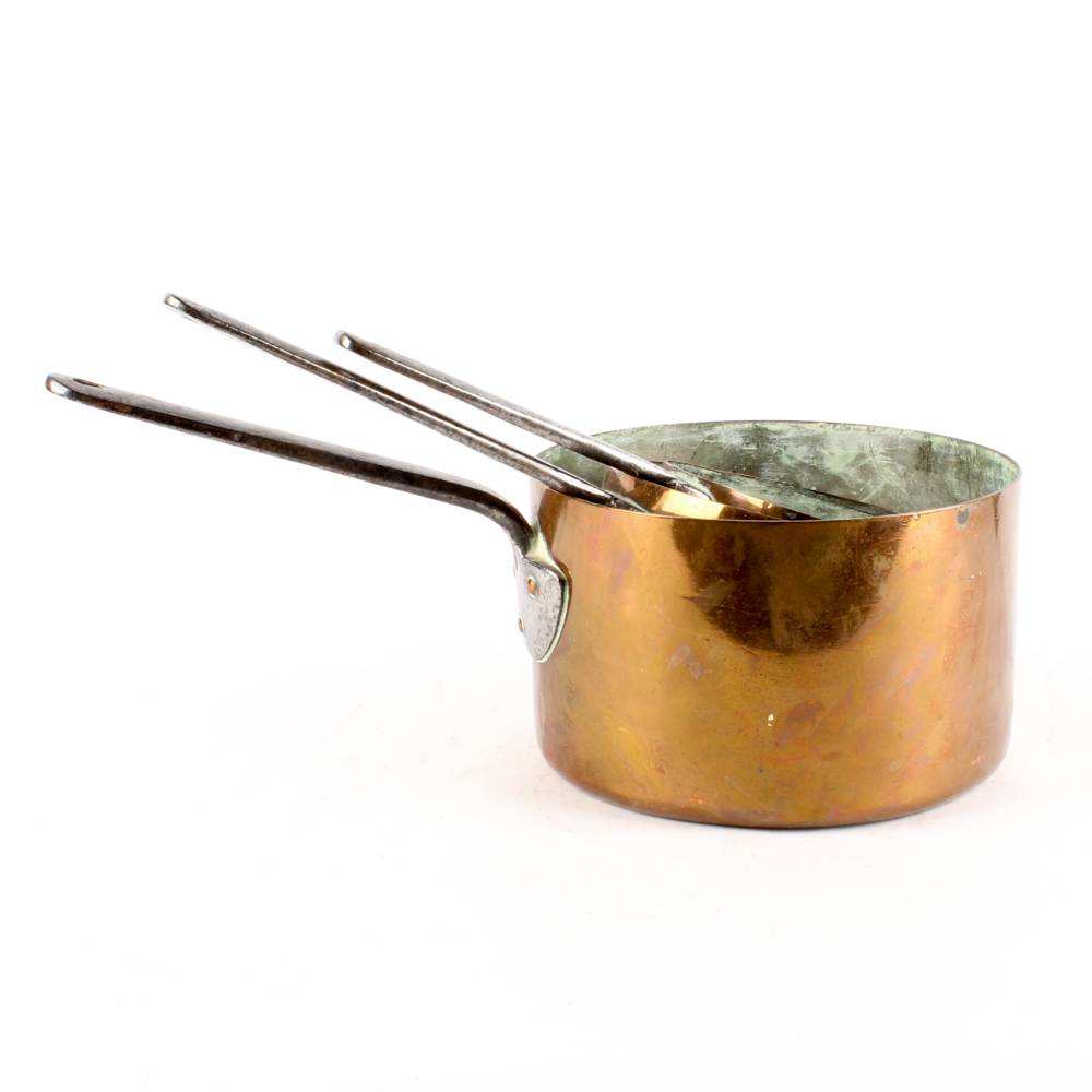 Antique Copper Pots with Forged Iron Handles