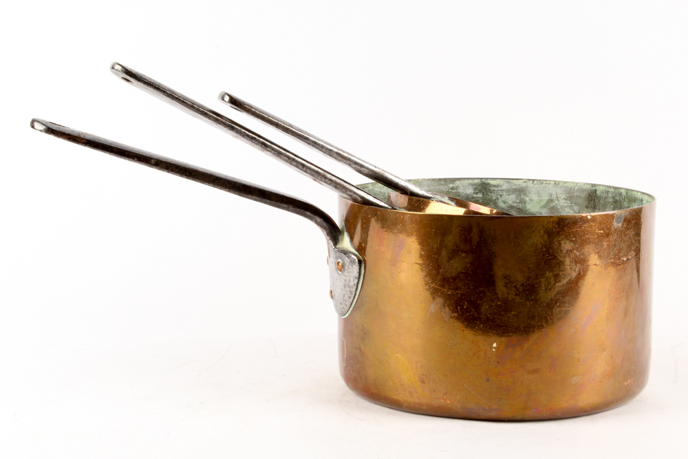 Antique Copper Pots with Forged Iron Handles