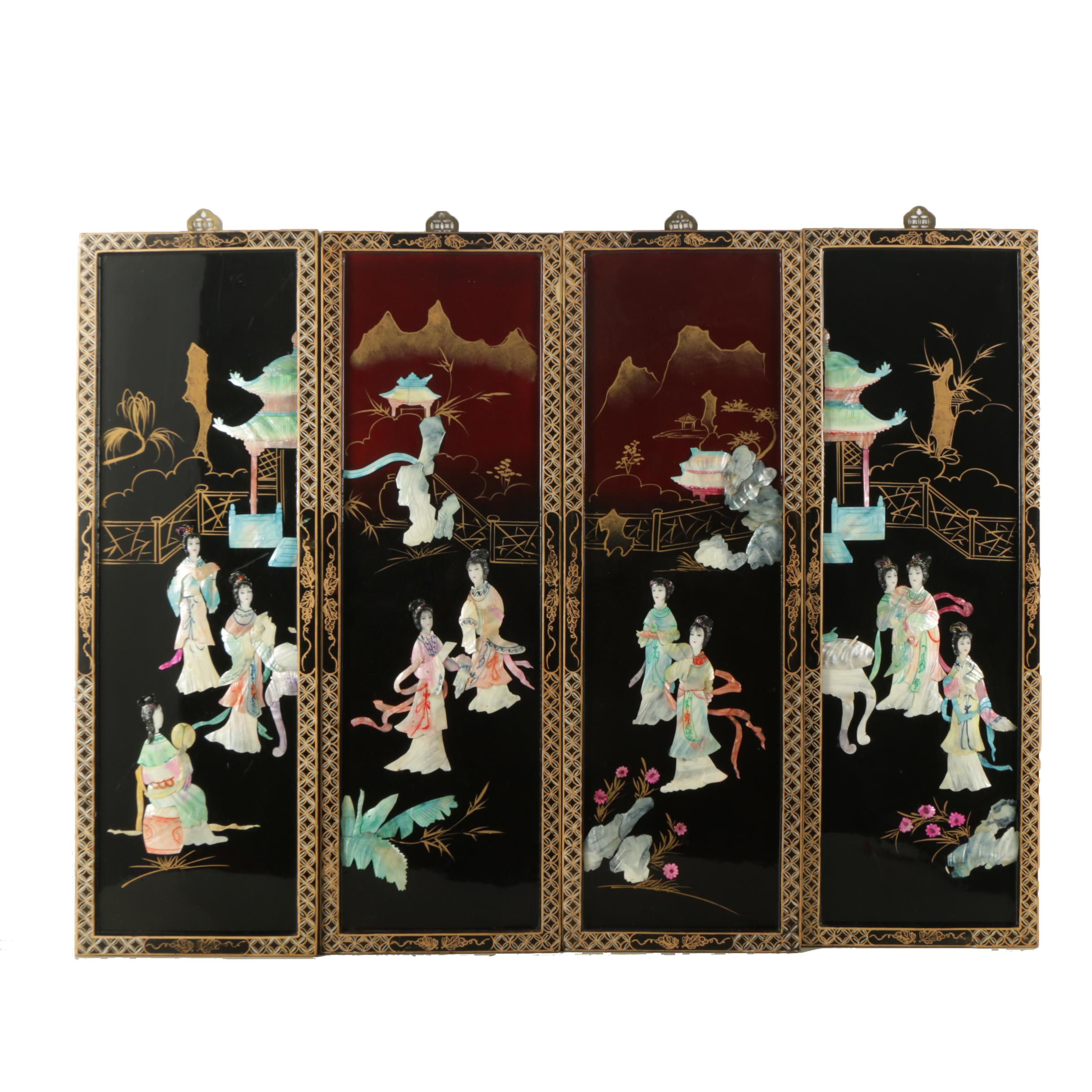 East Asian Style Lacquer Panels with Inlaid Shell and Resin