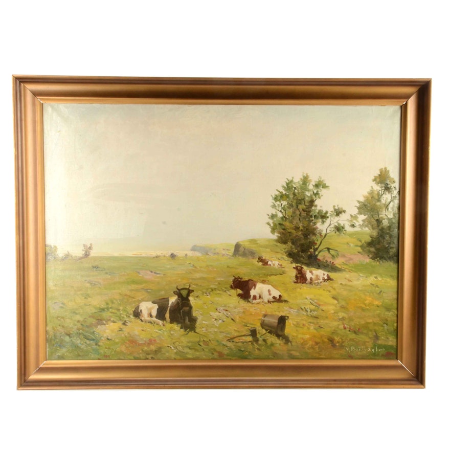 Mark Osman Curtis Oil Painting on Canvas of Cows in Pasture