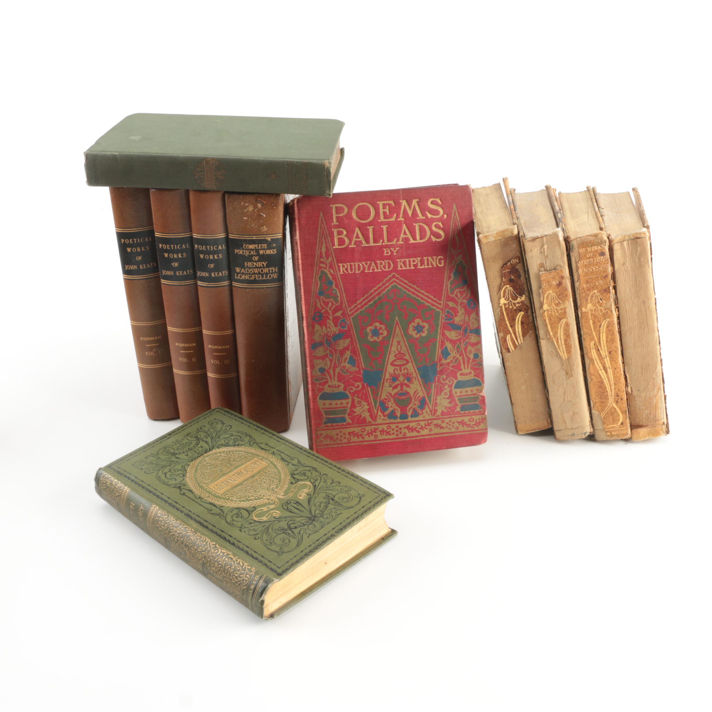 1890s Poetical Works featuring John Keats and Henry Wadsworth Longfellow