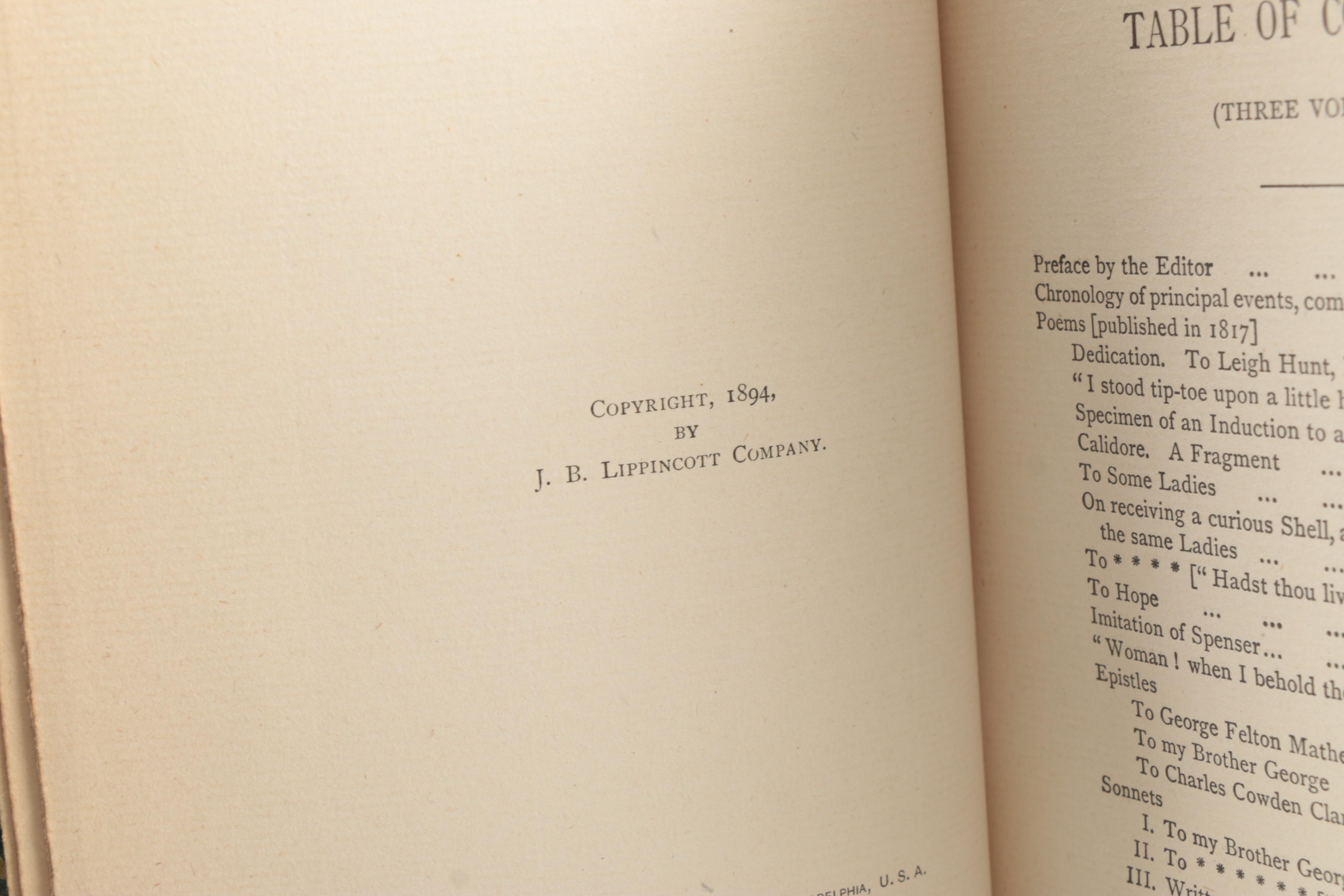 1890s Poetical Works featuring John Keats and Henry Wadsworth Longfellow