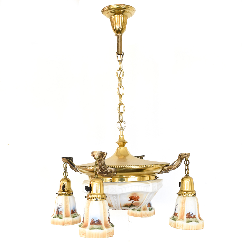 Antique Brass Chandelier With Painted Glass Shades
