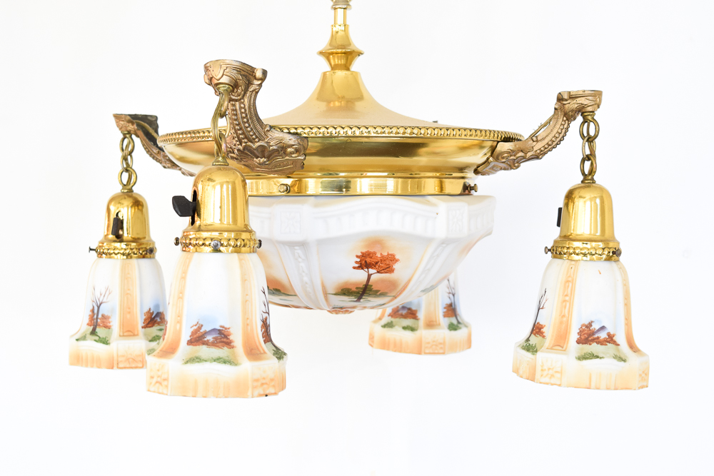 Antique Brass Chandelier With Painted Glass Shades