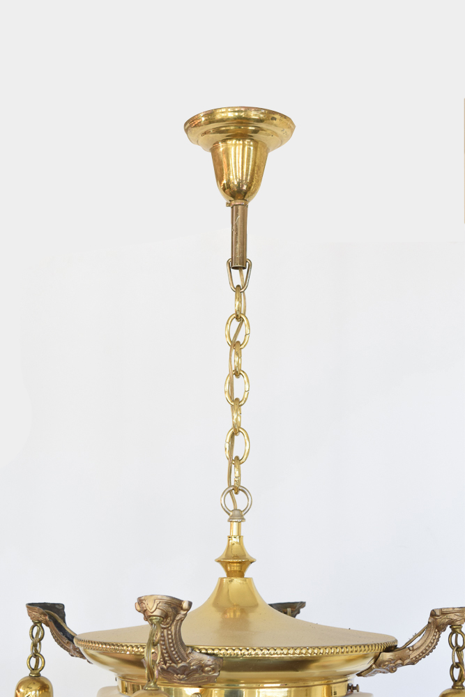 Antique Brass Chandelier With Painted Glass Shades