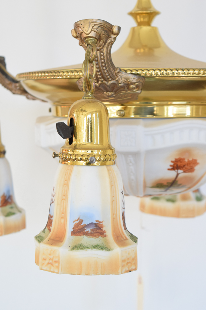 Antique Brass Chandelier With Painted Glass Shades