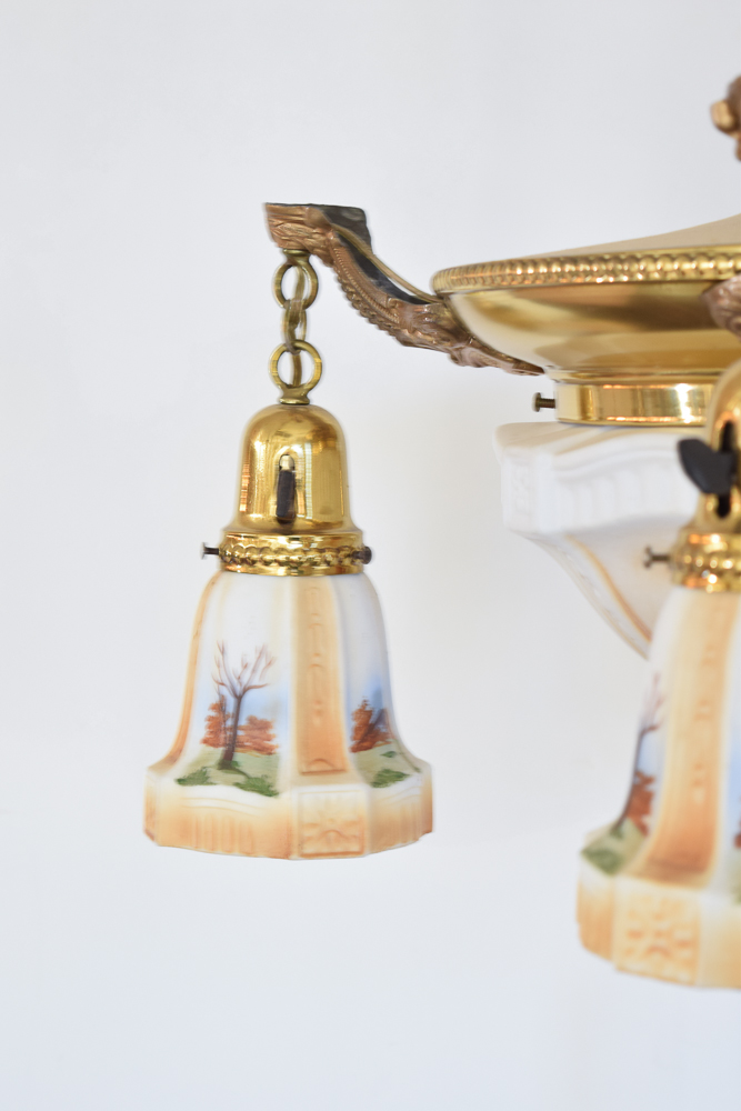 Antique Brass Chandelier With Painted Glass Shades